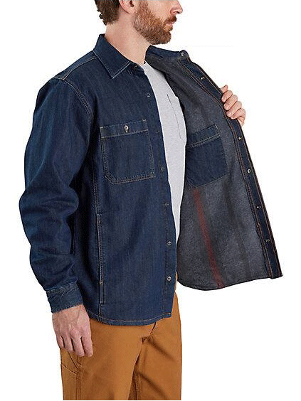 Carhartt Men's Denim Fleece-Lined Snap Front Shirt Jacket - Heavyweight Workwear for Cold Weather, Glacier Blue - Ideal for Construction, Farming & Outdoor Activities