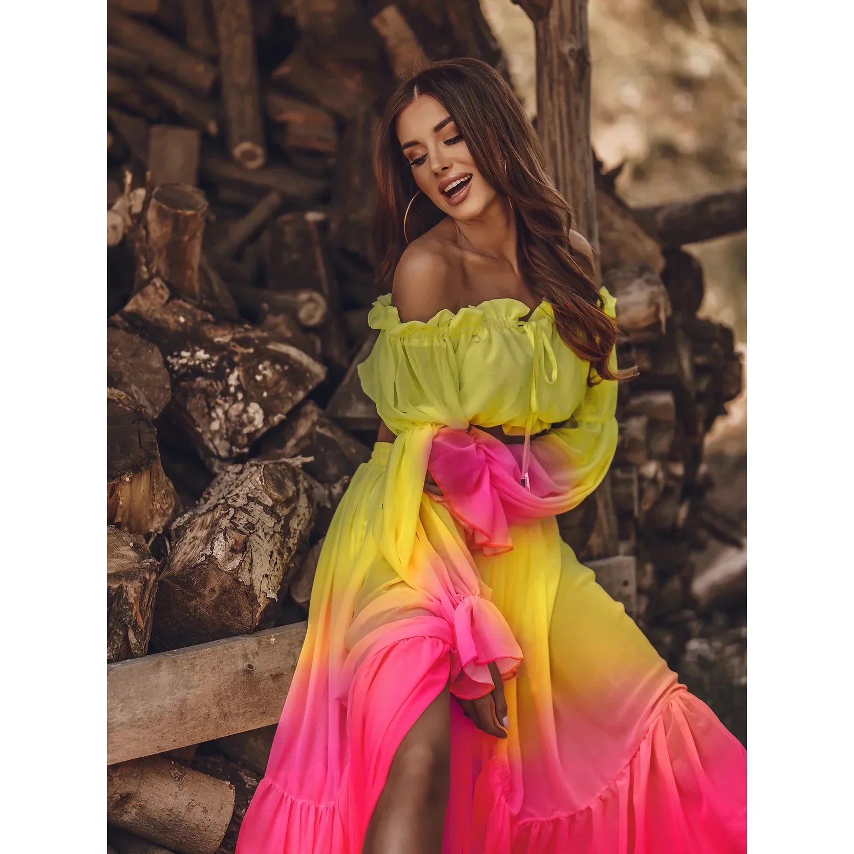 Elegant Vintage Print Off-Shoulder Ruffle Blouse & High Slit Long Skirt Women's Two-Piece Set - Autumn Chic Outfit for Date Night, Party & Special Occasions