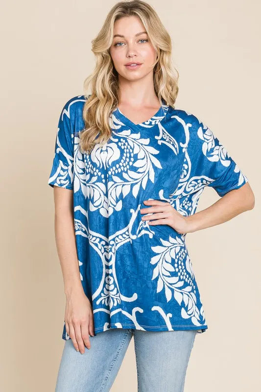 BOMBOM Women's Printed Relaxed V-Neck Tunic Top - Casual Flowy Blouse for Work, Travel & Everyday Wear