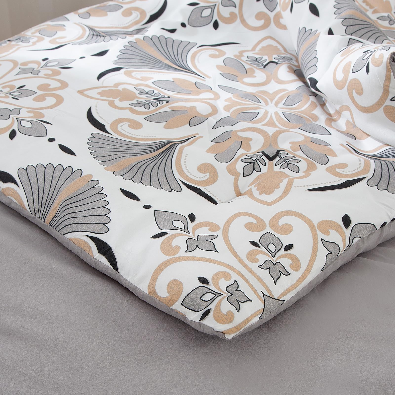 EMME Twin Comforter Set 5-Piece - Grey White Floral Botanical Bedding with Geometric Pattern, Soft Plant Printed Duvet Cover & Sheets, All-Season Fluffy Bedding Set (68