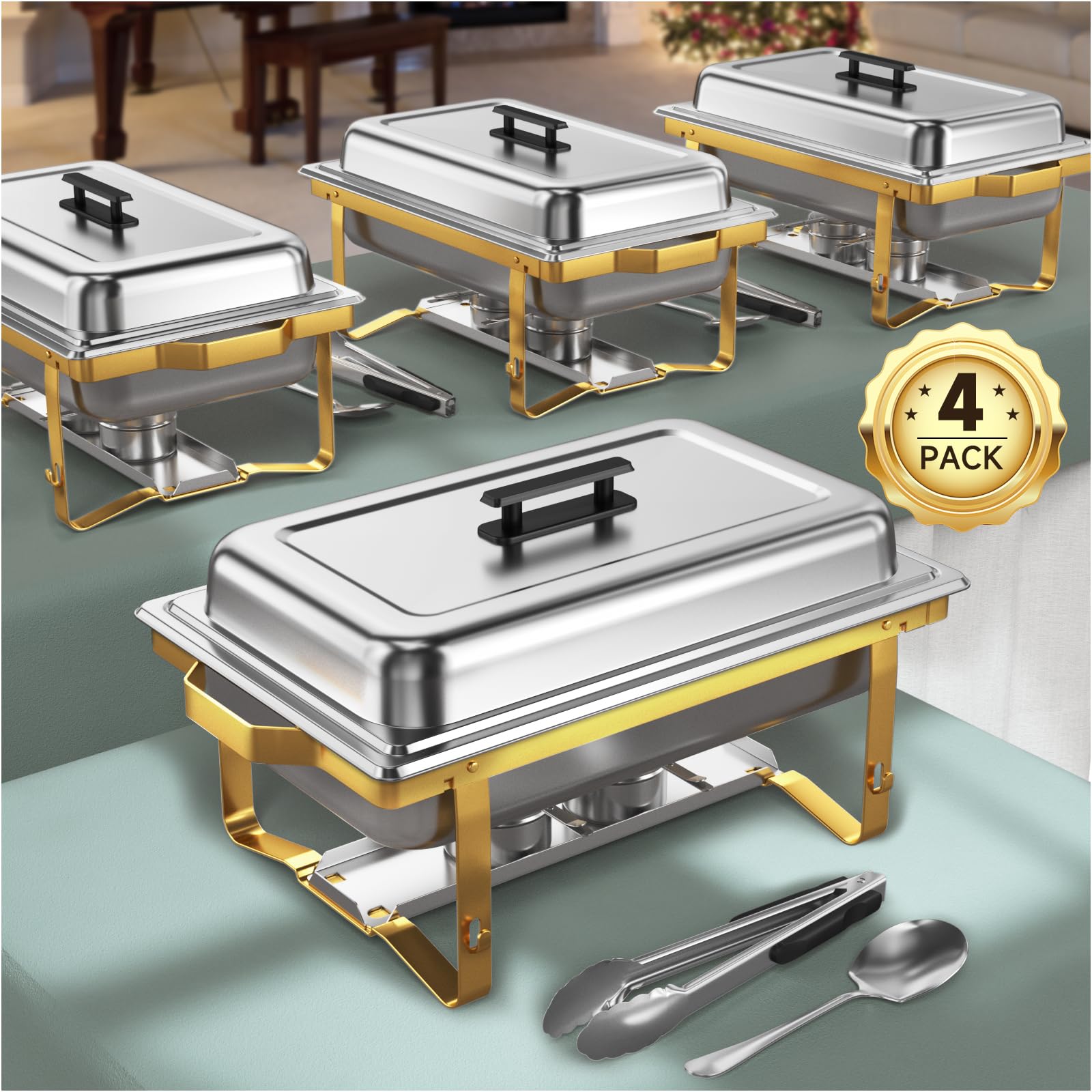 Premium 4-Pack 9.5QT Stainless Steel Chafing Dish Buffet Set with Gray Handle - Complete Catering Chafer Kit for Restaurants, Weddings & Buffet Service (Golden)