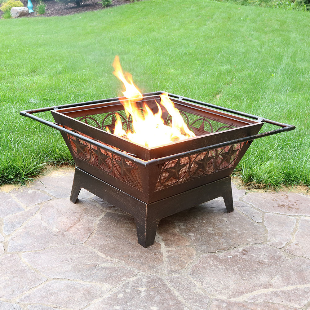 Sunnydaze 32-Inch Northern Galaxy Square Outdoor Fire Pit with Cooking Grate & Spark Screen - Perfect for Backyard Campfires, Patio Gatherings & Outdoor Cooking