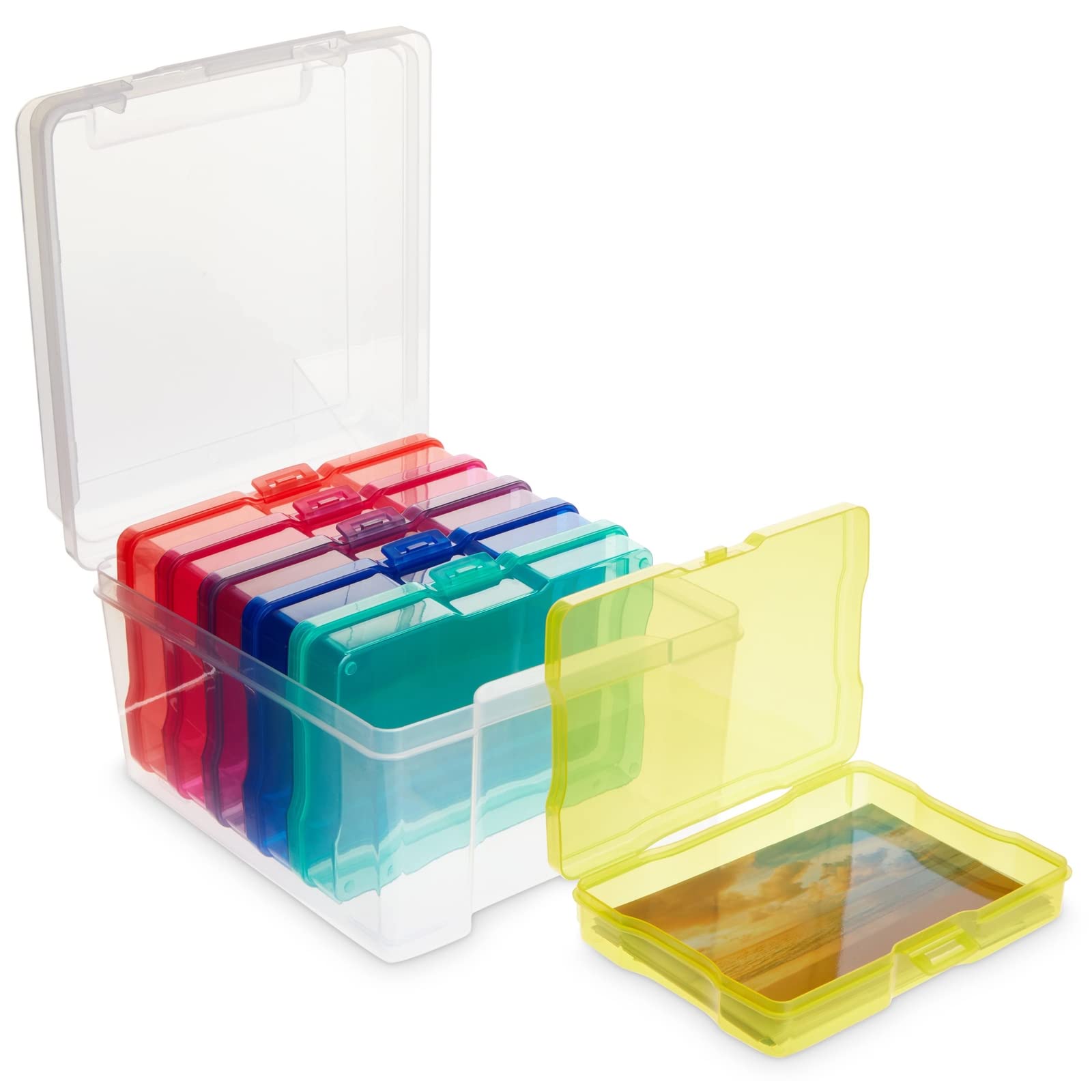 Paper Junkie 4 x 6 Inch Photo Storage Box Set - 6 Inner Cases & 1 Plastic Organizer Box for Stickers, Crafts, Seeds & Art Supplies | Perfect for Home, School & Classroom Organization | Compact Craft Storage Solution for Scrapbooking, Card Making & DIY Projects