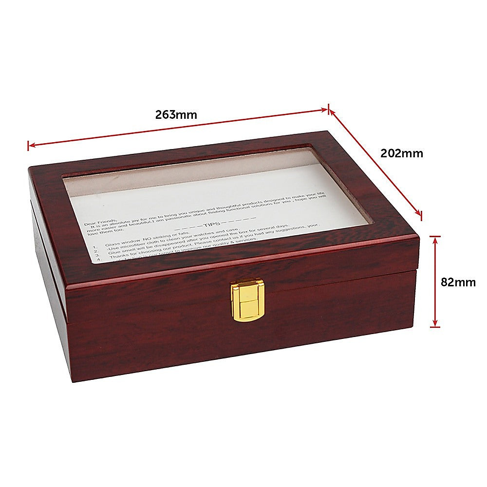 10-Slot Wooden Watch Display Case with Glass Top - Jewelry Storage Box for Watches, Rings, Necklaces - Perfect for Home, Office, and Retail Store Display