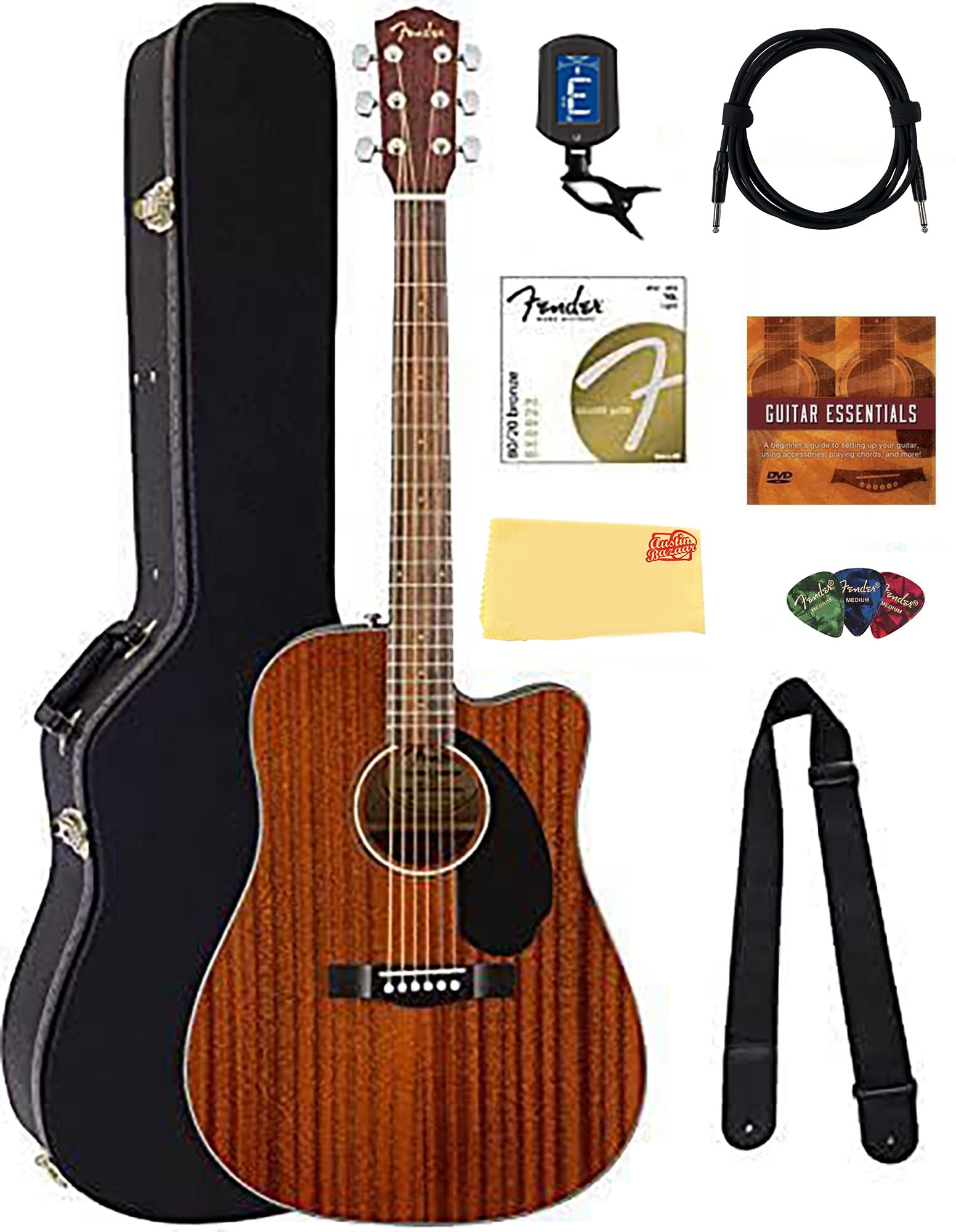 Fender CD-60SCE Solid Top Dreadnought Acoustic-Electric Guitar - All Mahogany with Hard Case & Accessories Bundle | Perfect for Beginners, Performances & Studio Recording