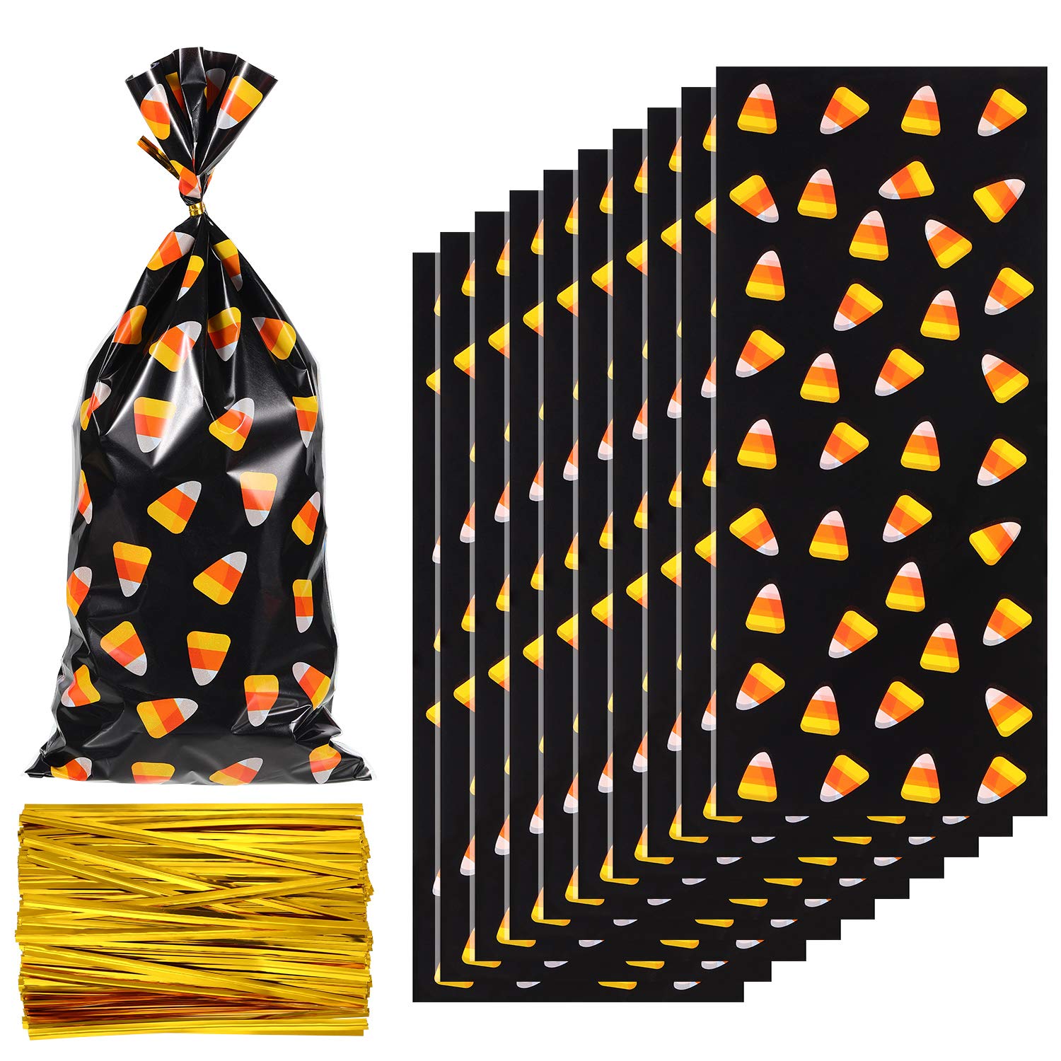 100-Pack Halloween Cellophane Candy Bags - Corn Pattern Treat Bags with 200 Gold Twist Ties for Chocolates, Cookies & Snacks (Transparent) | Perfect for Halloween Party Favors, Trick-or-Treat Goodies & Holiday Gift Packaging