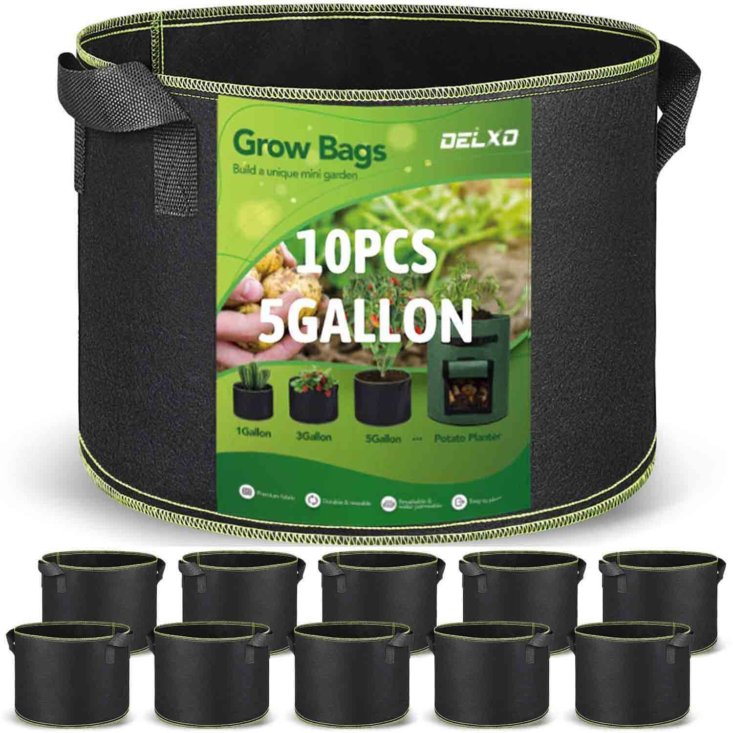 Delxo 5 Gallon Garden Grow Bags - 10 Pack Reusable Fabric Plant Pots for Vegetables, Herbs, Flowers - Breathable & Durable Planting Containers for Indoor/Outdoor Gardening, Balcony & Patio Use