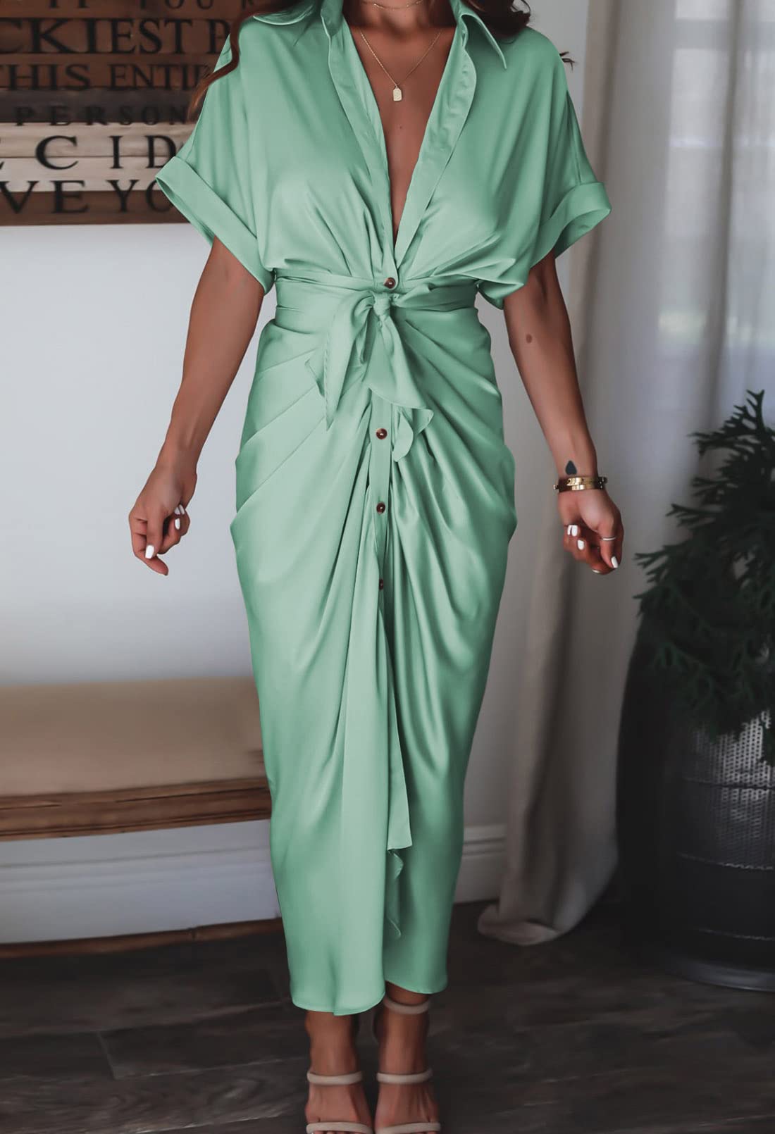 Elegant Women's Satin Button Down Short Sleeve Maxi Shirt Dress with Belt - Perfect for Summer Outfits, Beach Cover Ups & Casual Office Wear