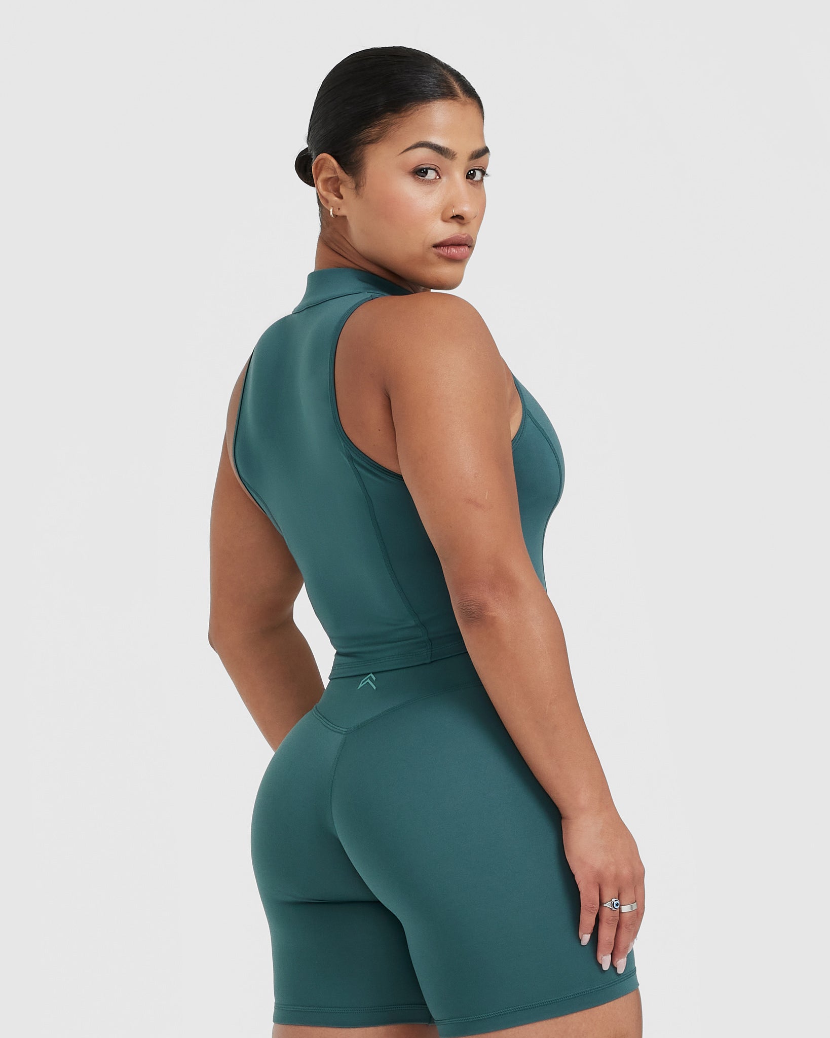 Timeless Half Zip Crop Tank Top for Women - Soft Stretchy Workout Shirt in Marine Teal | Yoga, Gym & Casual Wear