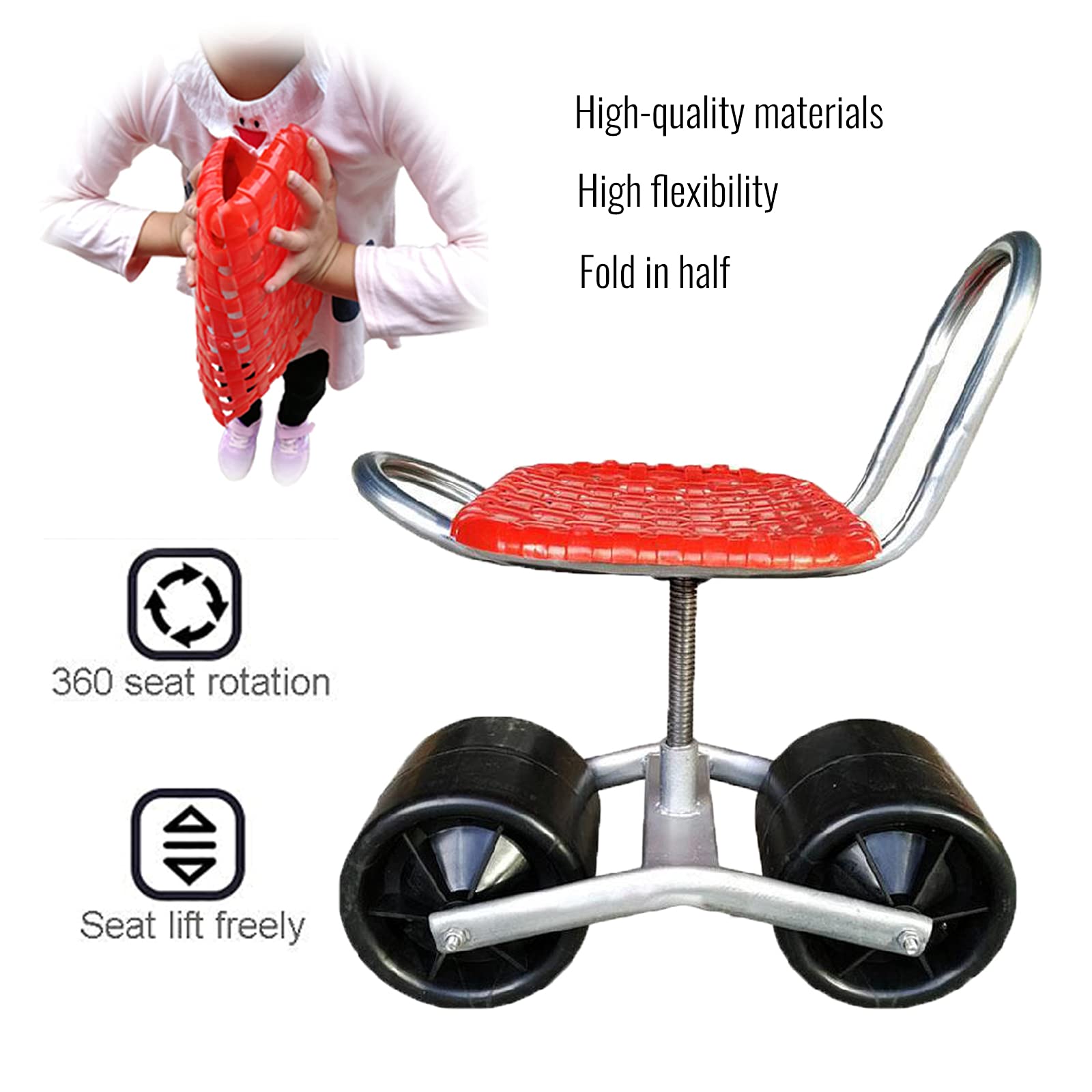 Adjustable Height Rolling Garden Seat with Swivel & Mobile Backrest - Ergonomic Gardening Chair for Planting, Picking, Weeding - Perfect for Outdoor Work, Greenhouse Use & Backyard Landscaping