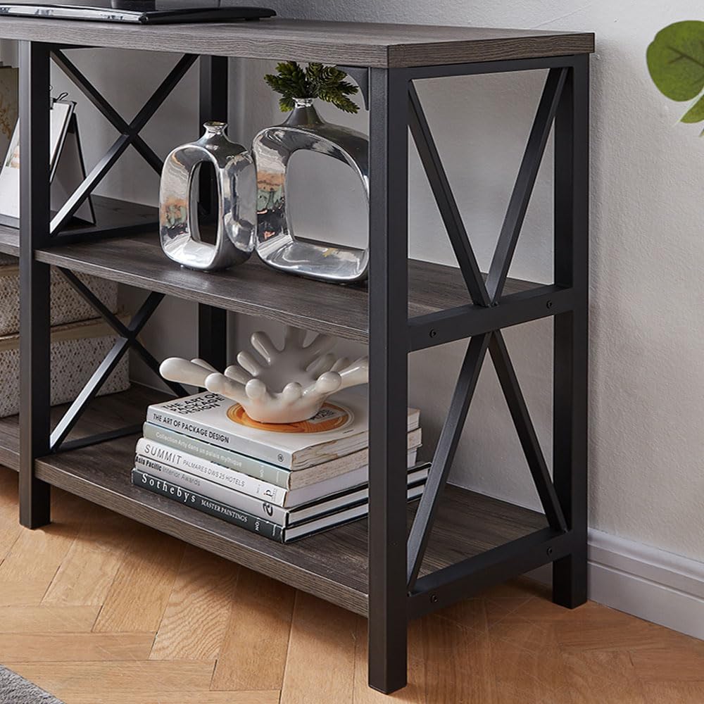 LVB Rustic Console Table - Industrial Modern Sofa Table Behind Couch, Long Entryway Table with Storage Shelf | Farmhouse Foyer & Hallway Table for Living Room, Bedroom & Home Decor | Dark Gray Oak Finish, 63 Inch | Perfect for Small Spaces & Apartment Entryways