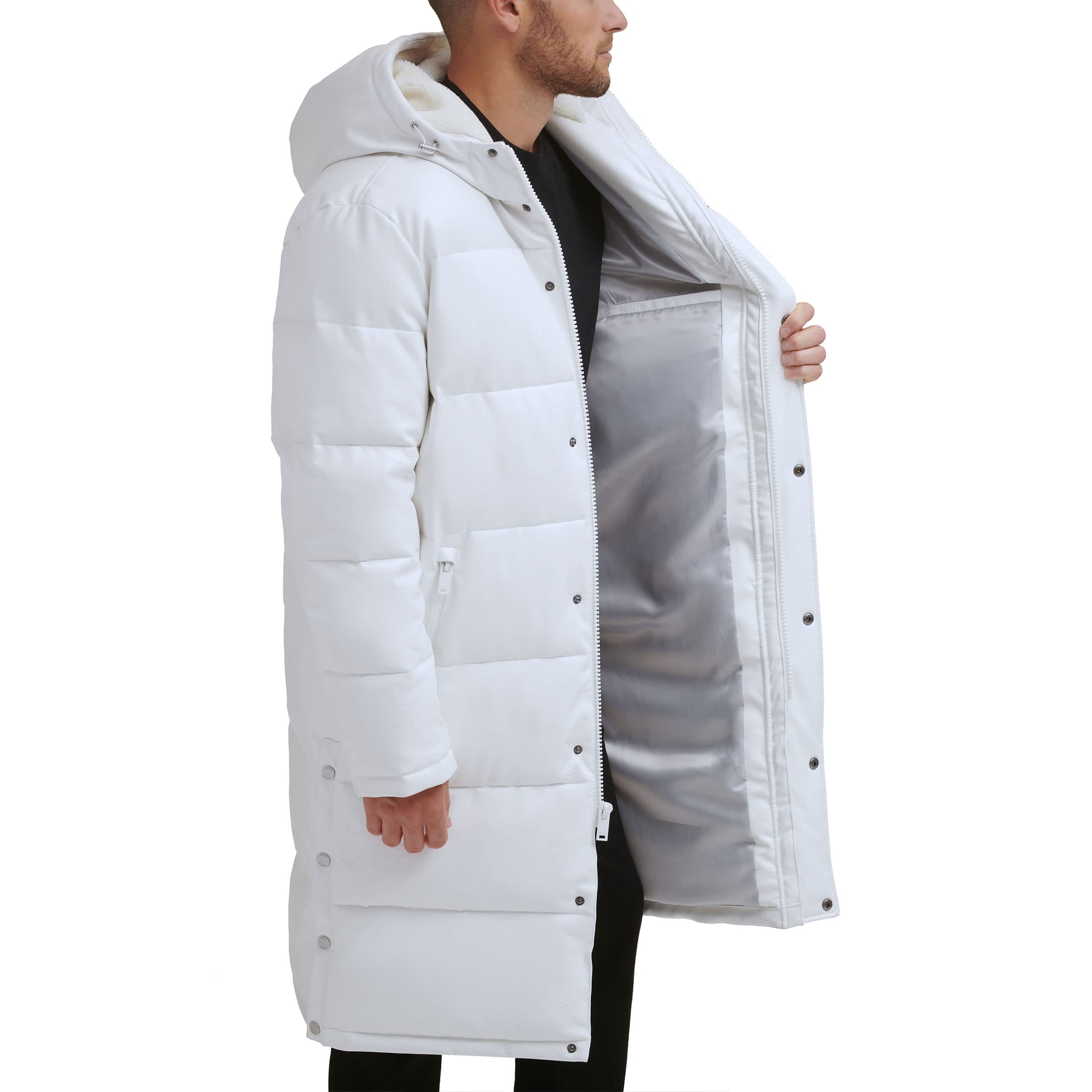 DKNY Men's Faux Leather Long Quilted Jacket - Stylish Winter Coat for Casual Outings & Date Nights