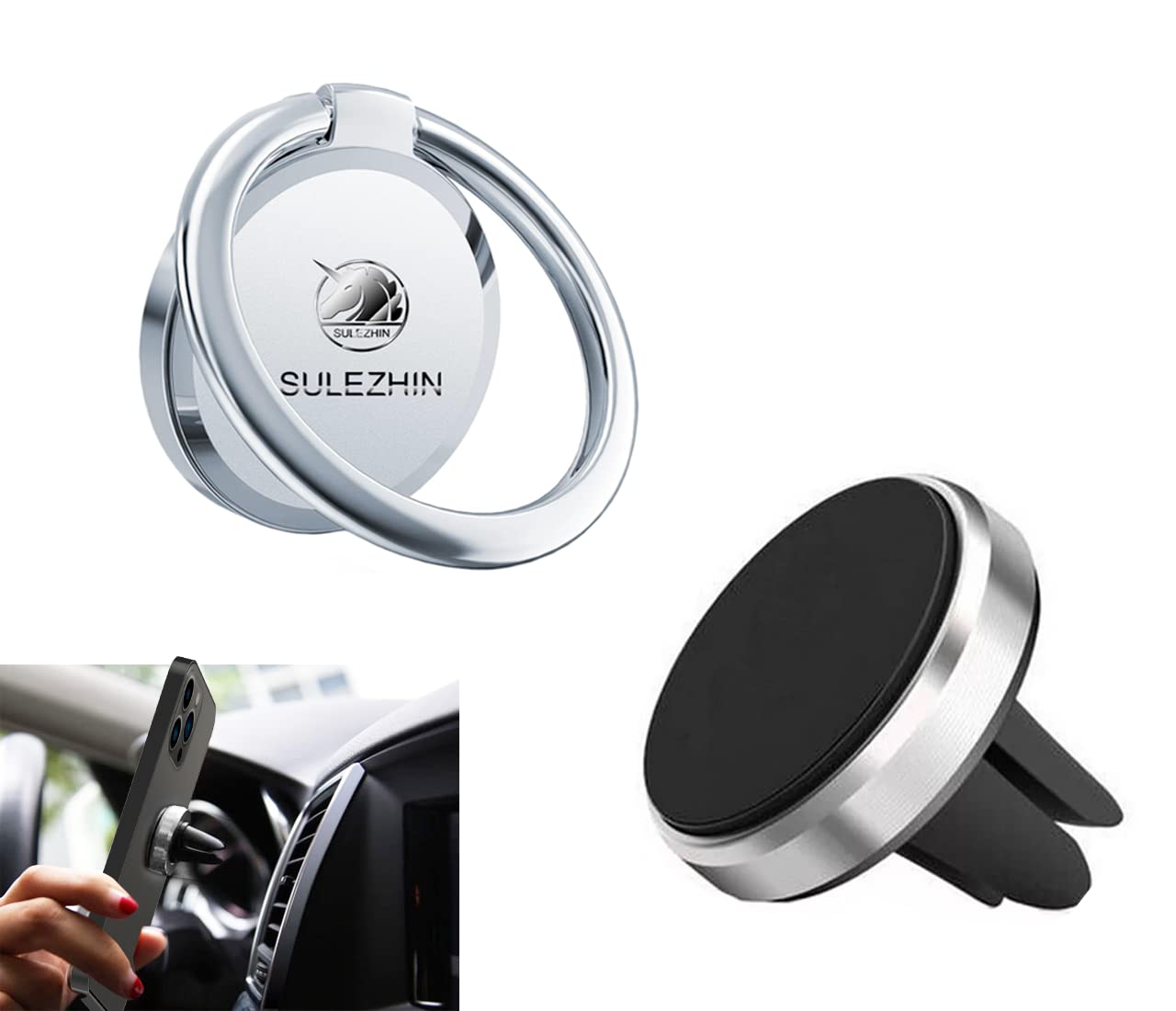 360° Rotating Metal Phone Ring Holder & Magnetic Car Mount - Compatible with iPhone 11 Pro/XS Max/XR/X/8 & Most Smartphones (Silver) - Perfect for Driving, Selfies & Hands-Free Use