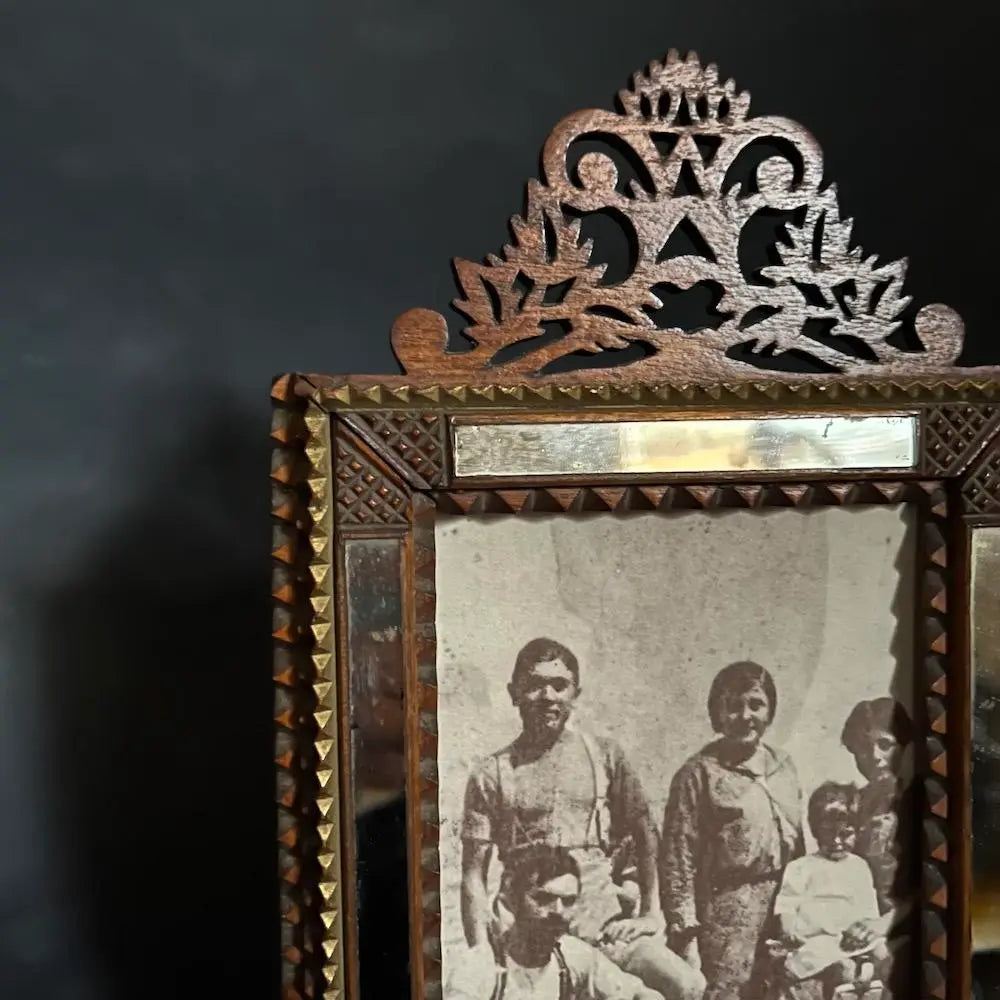 Vintage Tramp Art 20th Century Wooden Photo Frame - Handcrafted Rustic Wall Decor for Home & Office Display