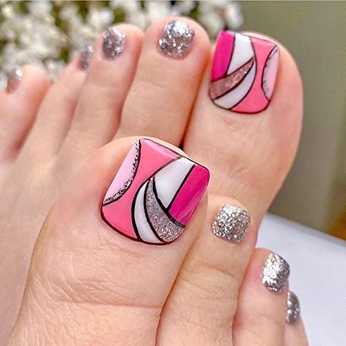 TIMMOKO Short Press on Toenails - 24Pcs Geometric Rose Pink Silver White Glitter Fake Nails for Women | Coffin Shape Artificial Toe Nails with Glue | Perfect for Pedicures, Parties & Special Occasions