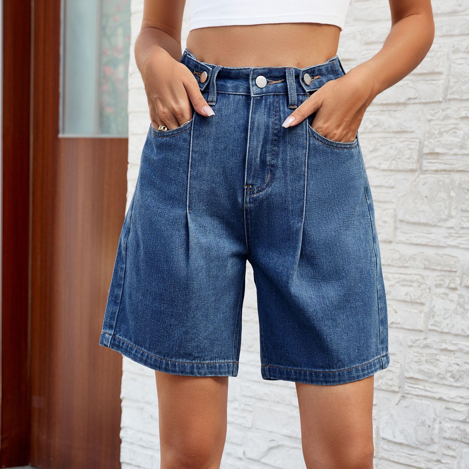 Women's High Waisted Knee Length Denim Shorts with Adjustable Button Waist - Bermuda Long Jean Shorts for Teen Girls | Perfect for Summer, Beach, Casual Wear & Street Style