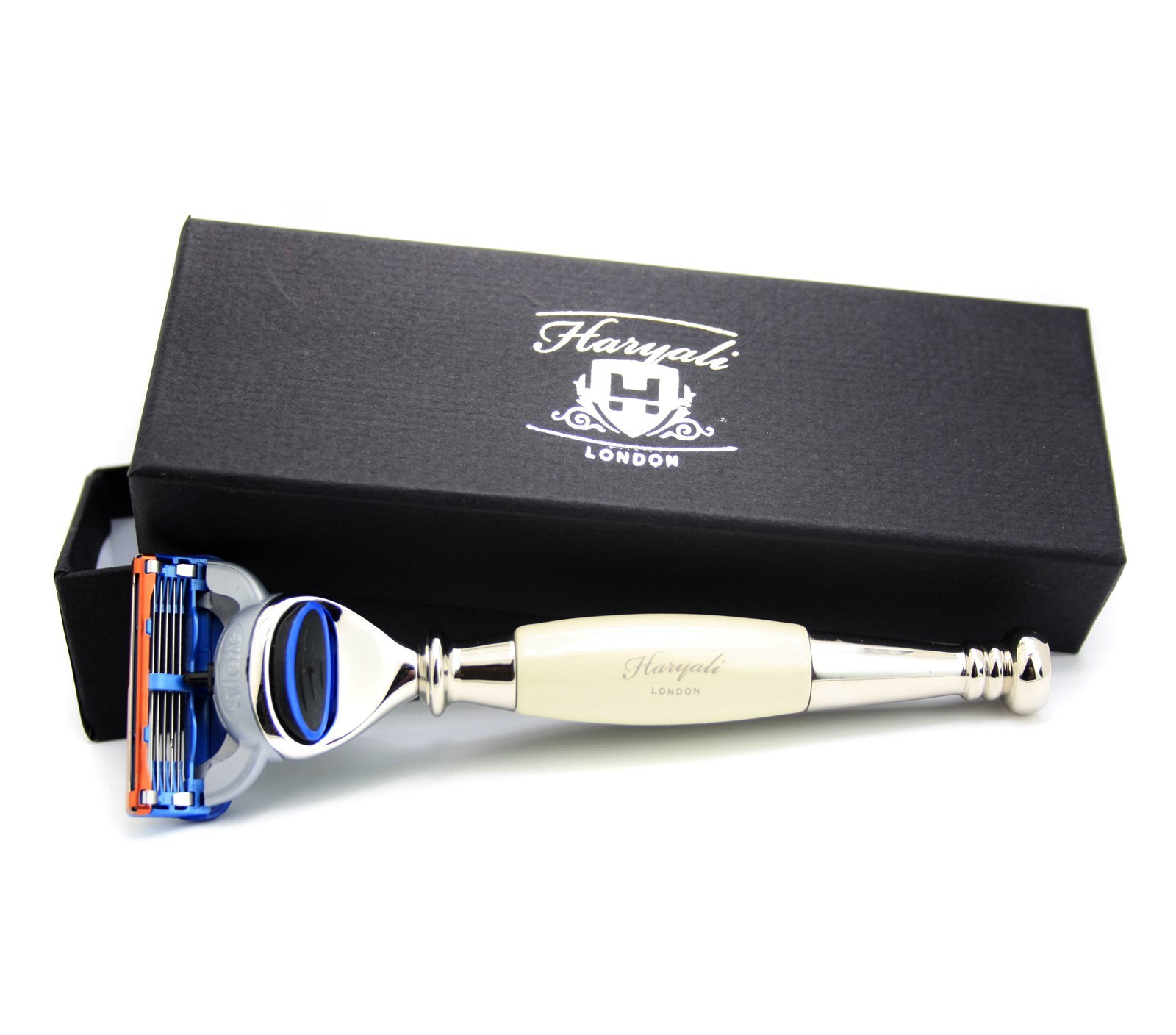 Premium 5-Blade Men's Razor with Replacement Cartridges - Stainless Steel & Ivory Handle - Haryali London - Perfect Gift Set for Shaving & Grooming - Ideal for Travel, Daily Use & Special Occasions