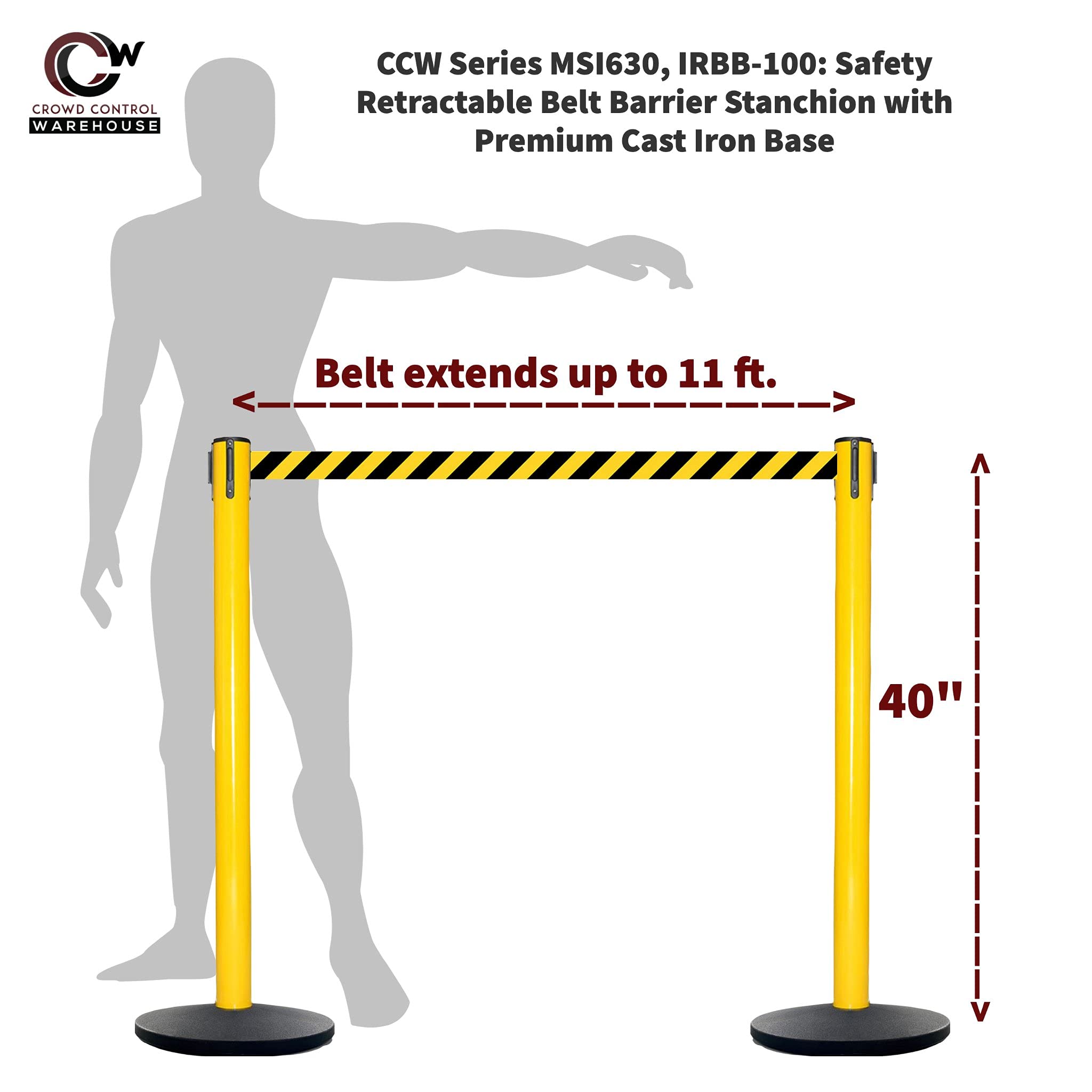 CCW Set of 2 Retractable Belt Barrier Stanchions with Cast Iron Base - Yellow Post & 11ft Black/Yellow Diagonal Belt (IRBB-100) - Perfect for Crowd Control in Retail Stores, Events & Public Spaces