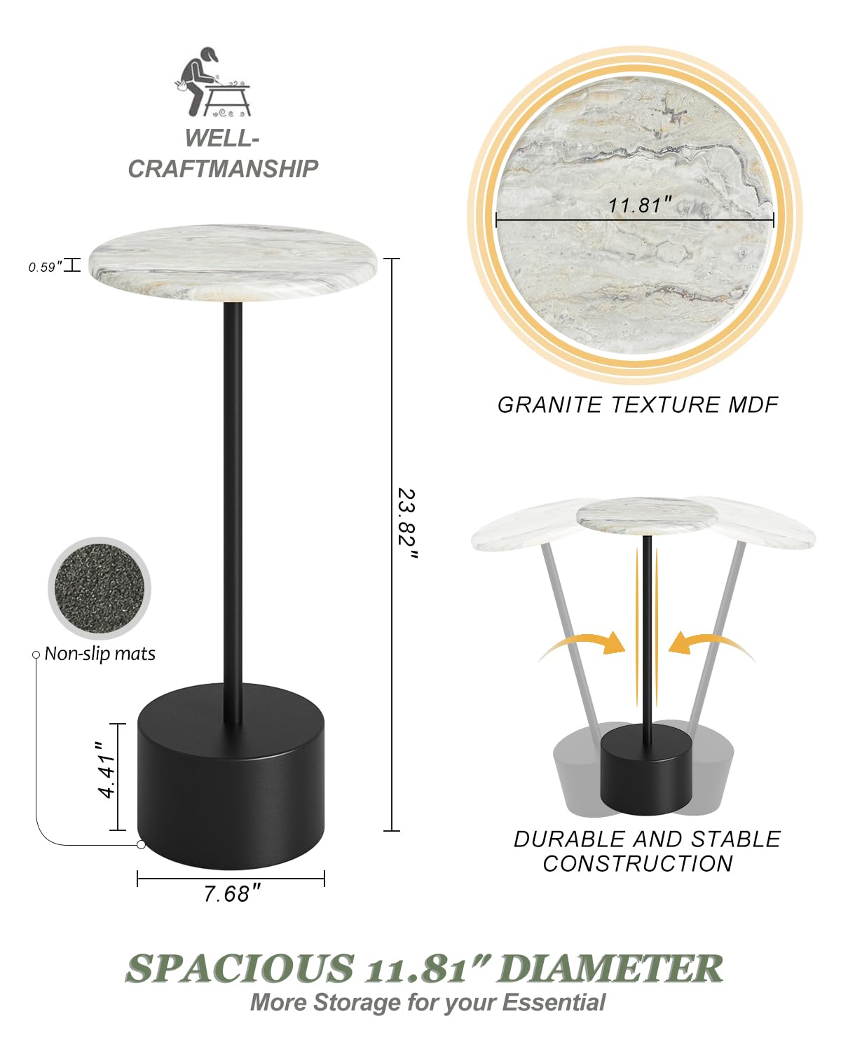 Black Round Pedestal Drink Table - Small Side Table for Living Room, Bedroom, or Patio - Perfect End Table for Small Spaces & Beverage Placement