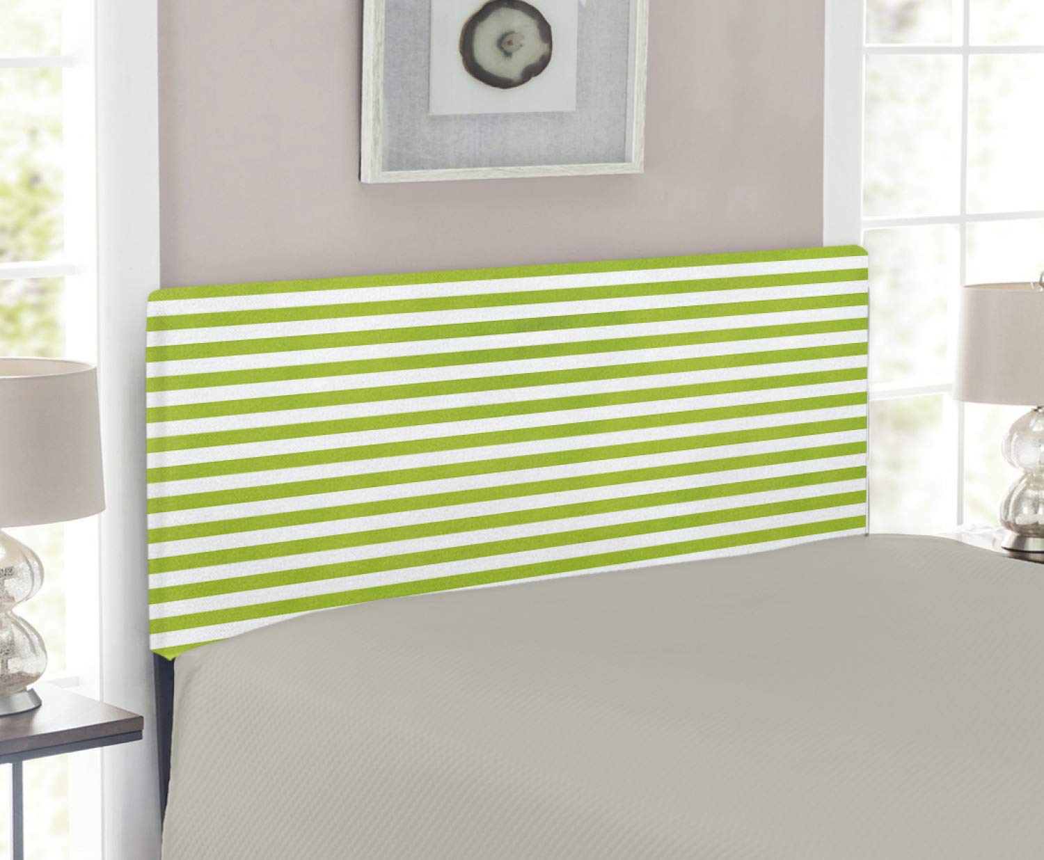 Ambesonne Lime Green Upholstered Headboard with Memory Foam - Horizontal Stripes Watercolor Design, Twin Size Bed Frame in White & Lime Green - Perfect for Modern Bedroom Decor and Guest Room Styling
