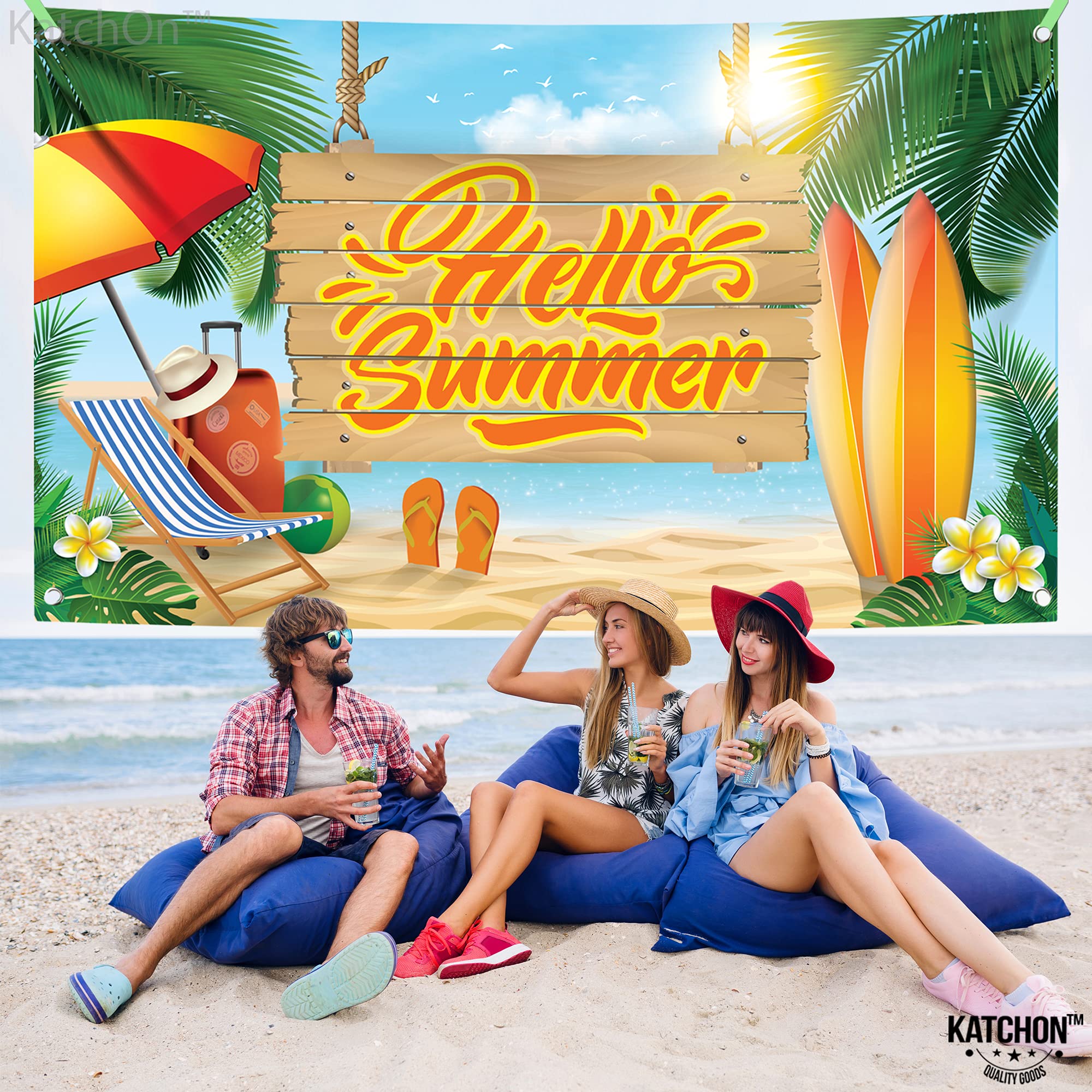 KatchOn Large 72x44 Inch Hello Summer Backdrop - Premium Summer Party Banner for Beach, Surfboard & End of School Decorations | Perfect for Pool Parties, Graduation Celebrations & Tropical Themed Events