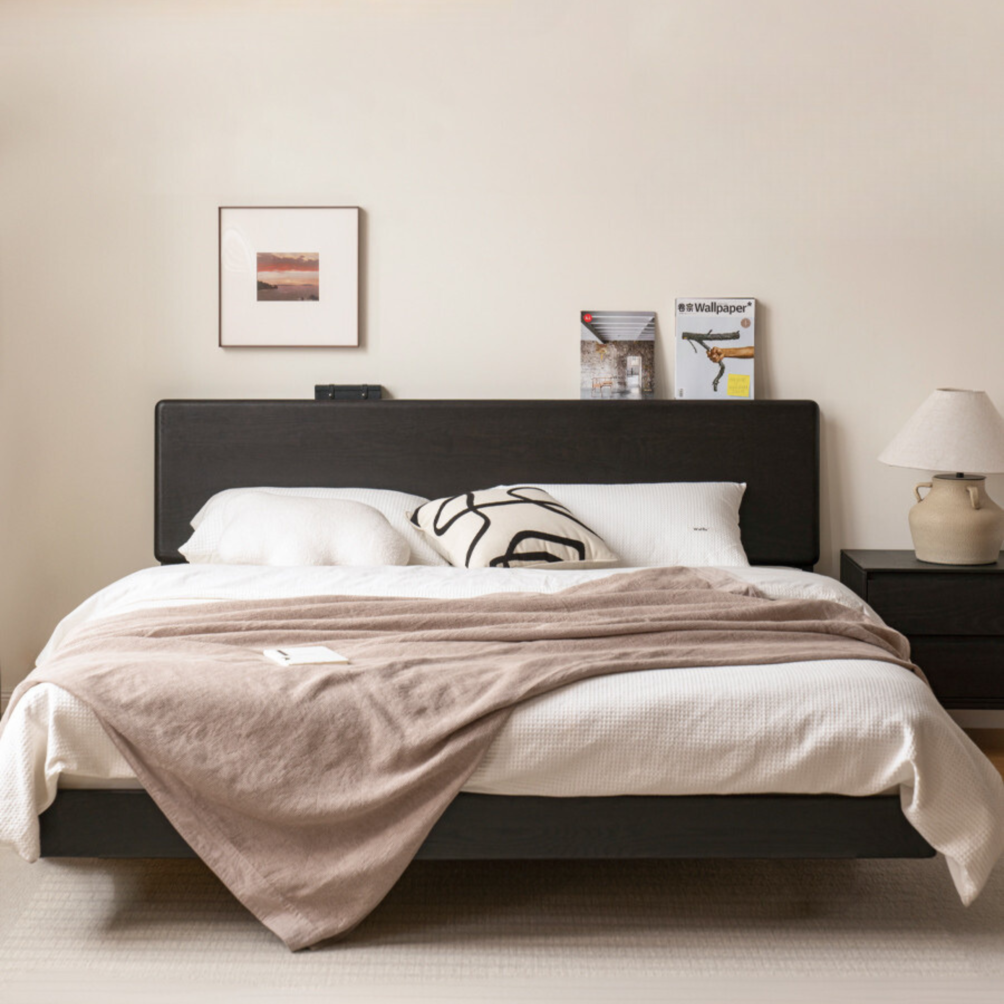 Solid Oak Wood Luminous Floating Bed Frame - Modern Platform Bed with LED Lighting for Bedroom, Guest Room or Dorm