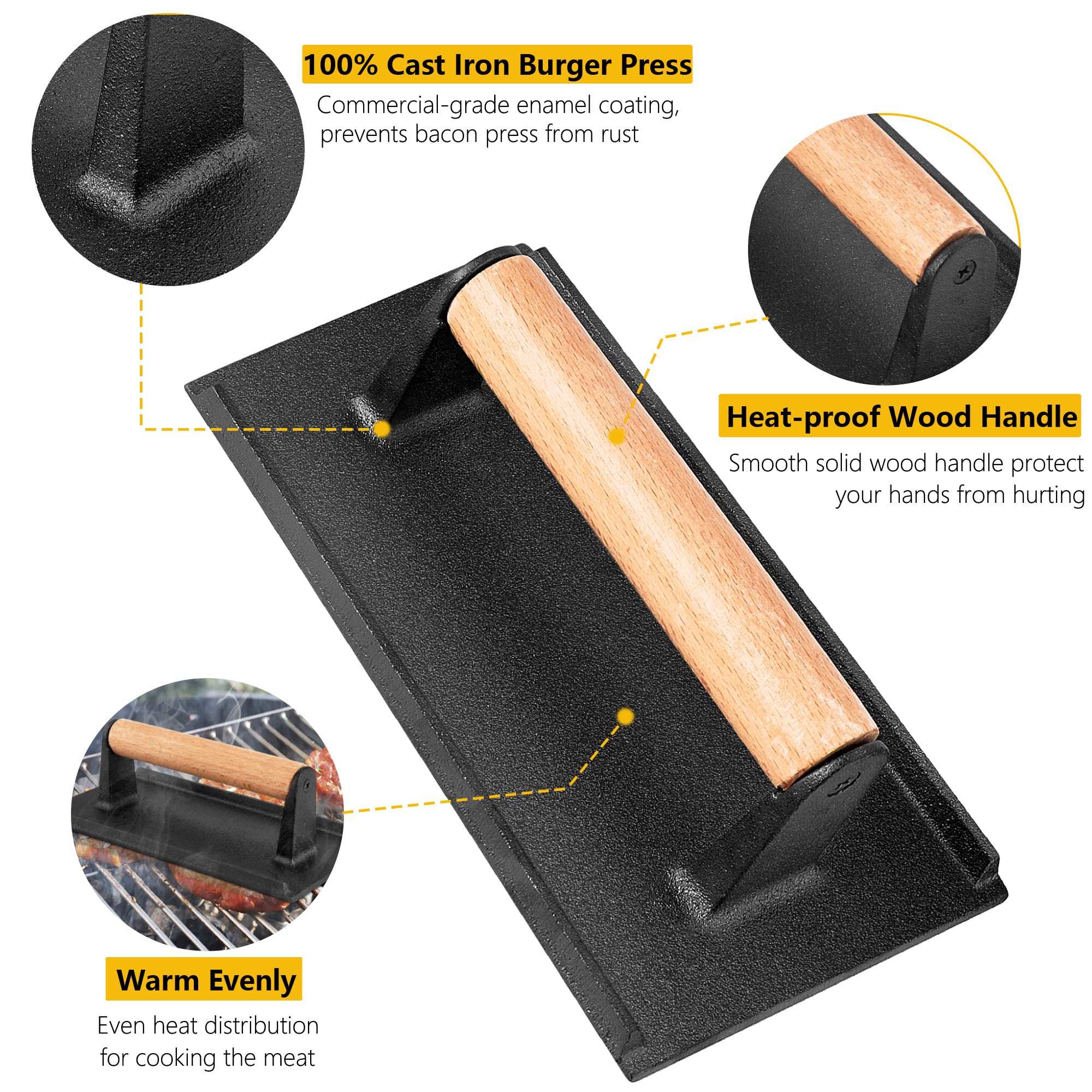 Leonyo 4-Piece Heavy Duty Cast Iron Smash Burger Press Set - Perfect for Griddles, Flat Top Grills, Bacon, Steaks & Sandwiches - Ideal for BBQ, Restaurants & Home Cooking