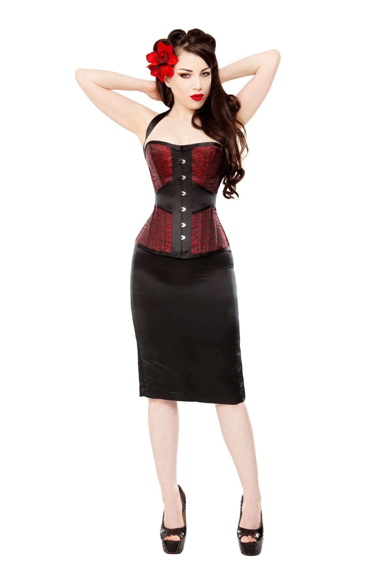 Elegant Red Leaf Brocade Corset & Black Satin Pencil Skirt Set - Vintage Waist Trainer & Slim Fit Bodycon Skirt for Women | Perfect for Burlesque Shows, Cosplay, and Evening Parties