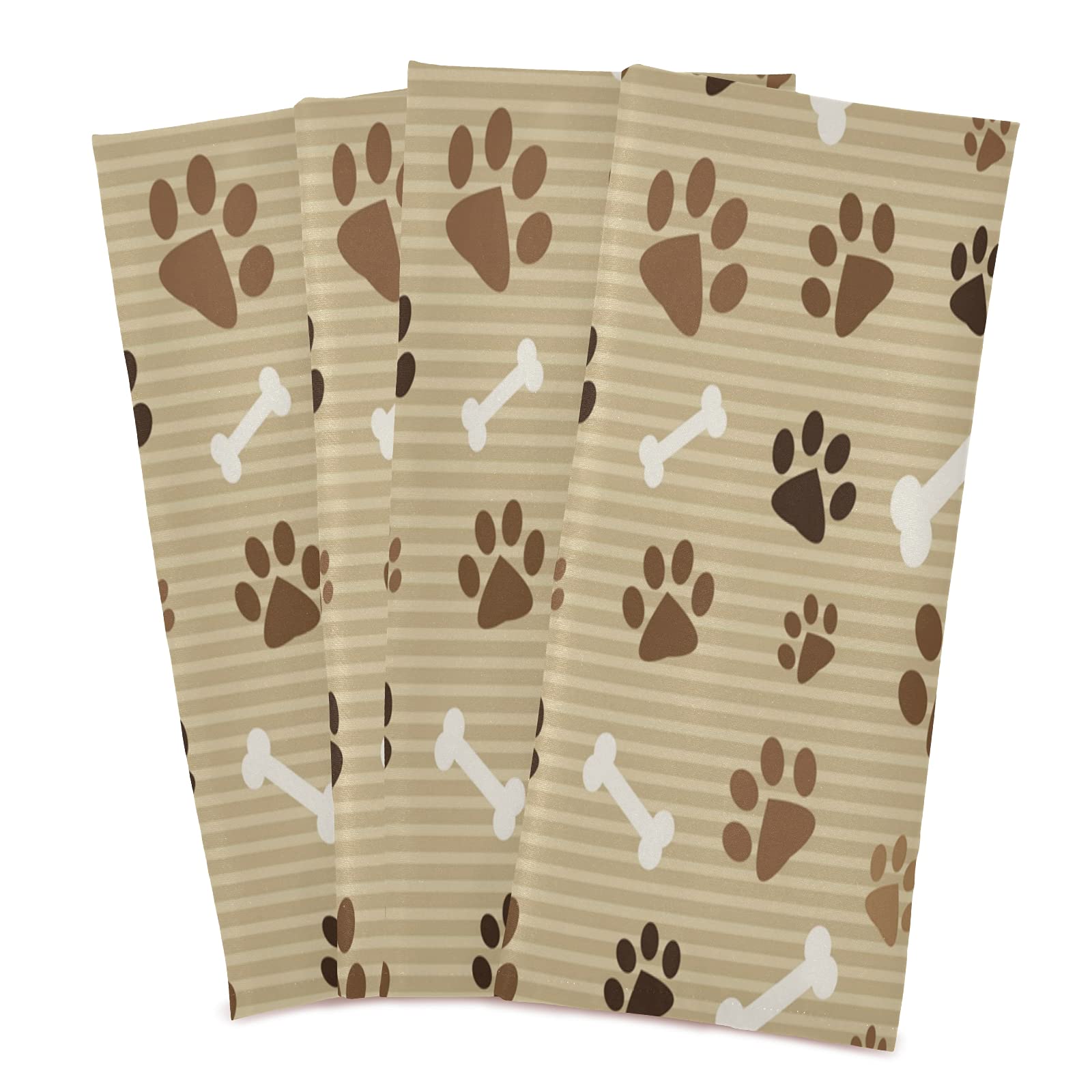 ALAZA Brown Dog Paw Print Striped Kitchen Towels - Set of 4 Super Absorbent Soft Dishcloths (18x28 inches) for Dishes, Bar, Tea & Home Decor