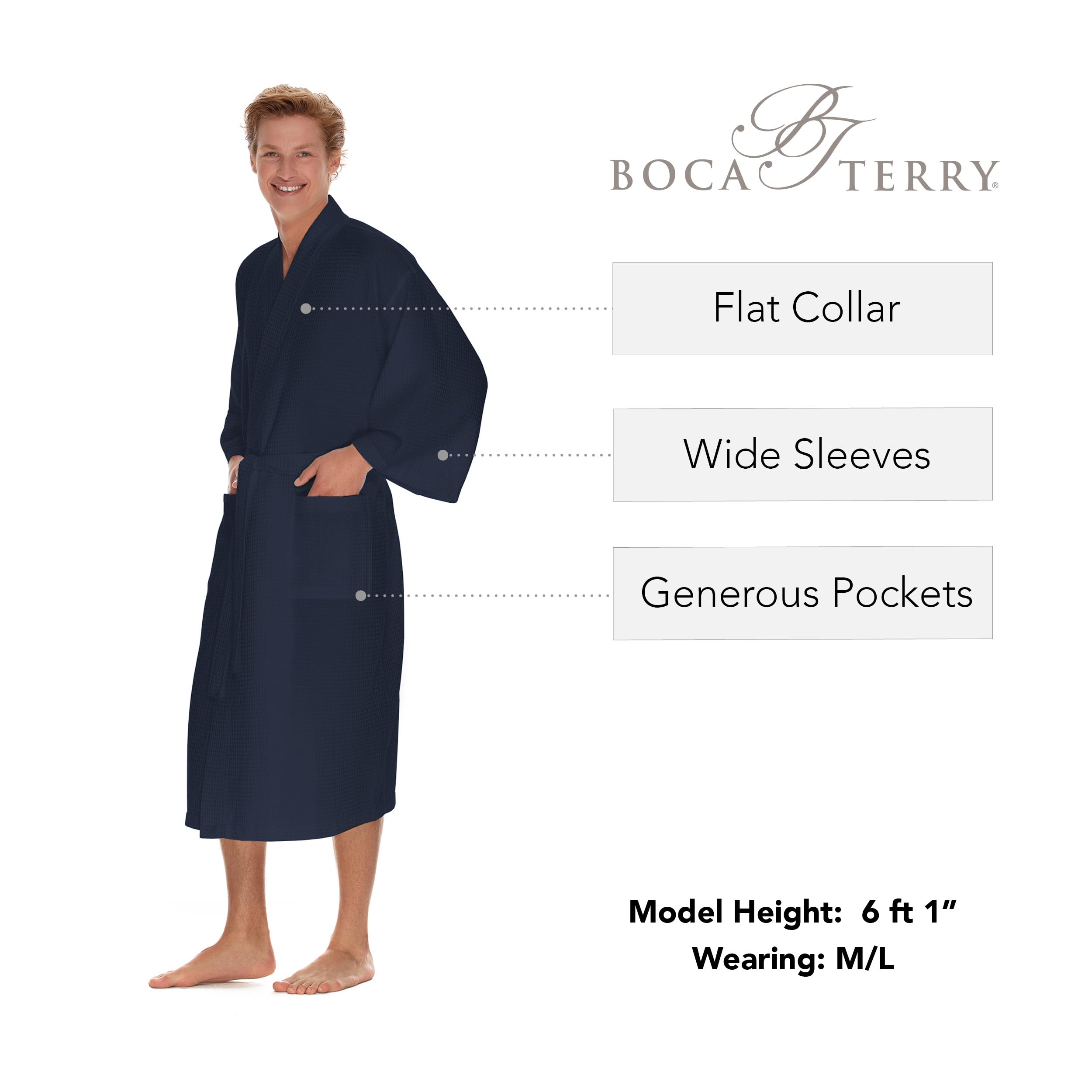 BOCA TERRY Men's Waffle Knit Spa Robe - Lightweight Long Cotton Kimono Bathrobe for Hotel & Home Use - Perfect for Relaxation, Lounging and Spa Days