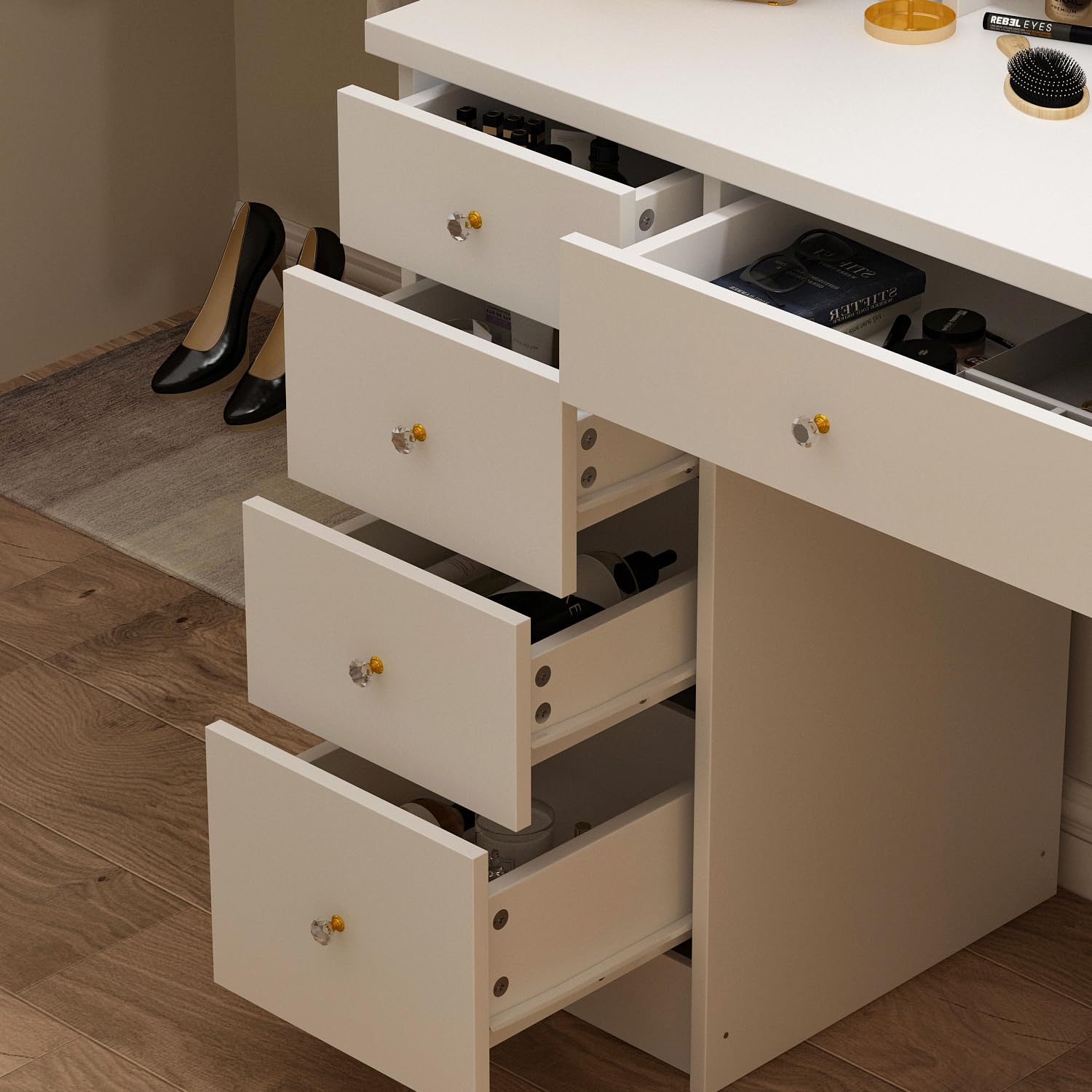 Vanity Table Set with LED Lighted Mirror, Makeup Dressing Table with 3 Shelves & 5 Drawers - White Glamour Dresser Desk for Women & Girls | Perfect for Bedroom, Dorm Room & Beauty Salon Organization
