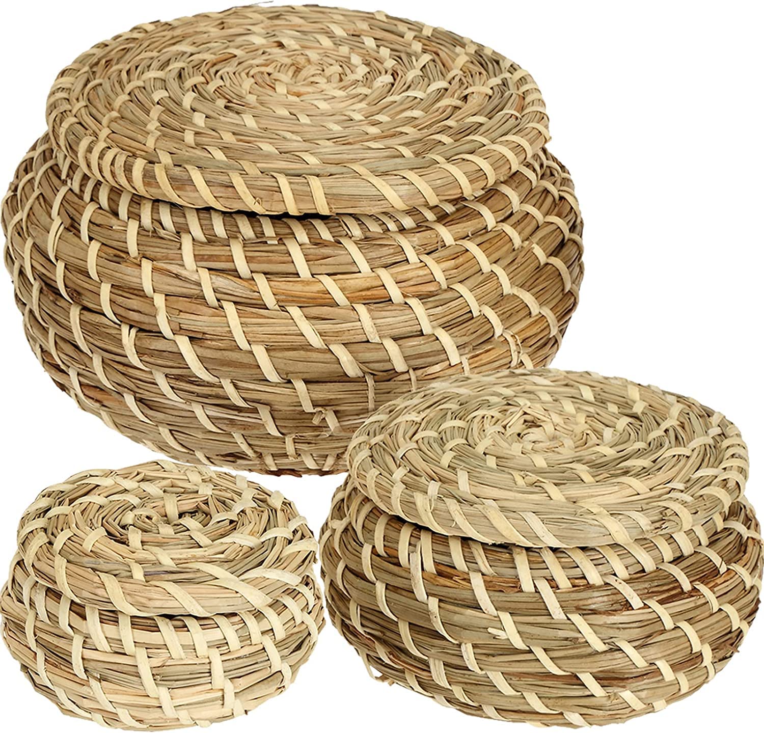 Dicunoy Set of 3 Small Wicker Baskets with Lid - Round Woven Seagrass Storage Baskets, Handmade Rattan Organizer for Home Decor, Bathroom, Shelf & Vanity | Perfect for Jewelry, Cotton Balls & Small Essentials