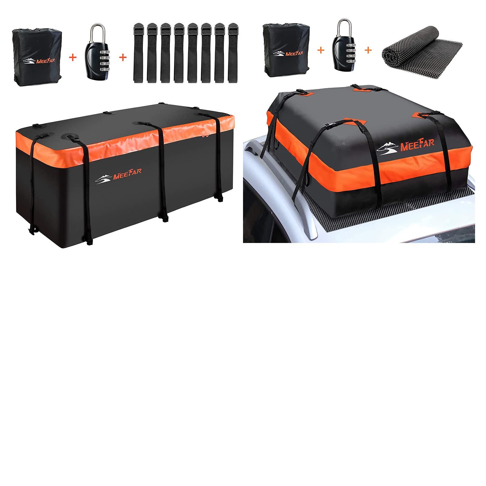 MeeFar 20 Cubic Feet Waterproof Hitch Mount Cargo Carrier Bag & 15 Cubic Feet Roof Bag Combo - Soft Shell Car Storage for Camping, Travel & Road Trips