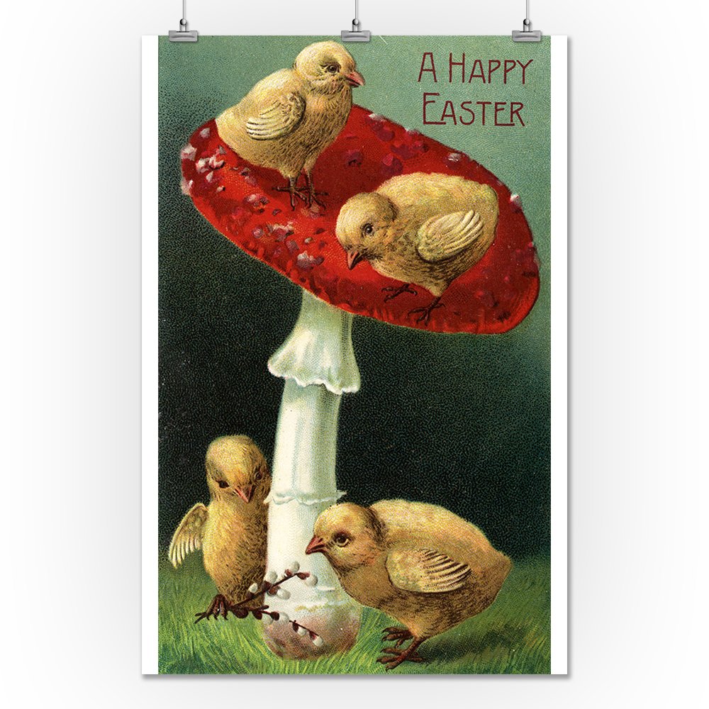 Happy Easter Chicks on Red Mushroom - 24x36 Giclee Gallery Print - Travel Poster Wall Art Decor - Perfect for Easter Home Decor, Nursery, Living Room & Office Wall