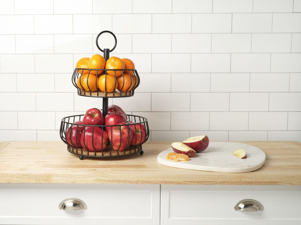 Savannah 2-Tier Wooden Fruit Basket - Organize Fresh Fruits & Vegetables in Kitchen, Pantry, or Dining Table Display
