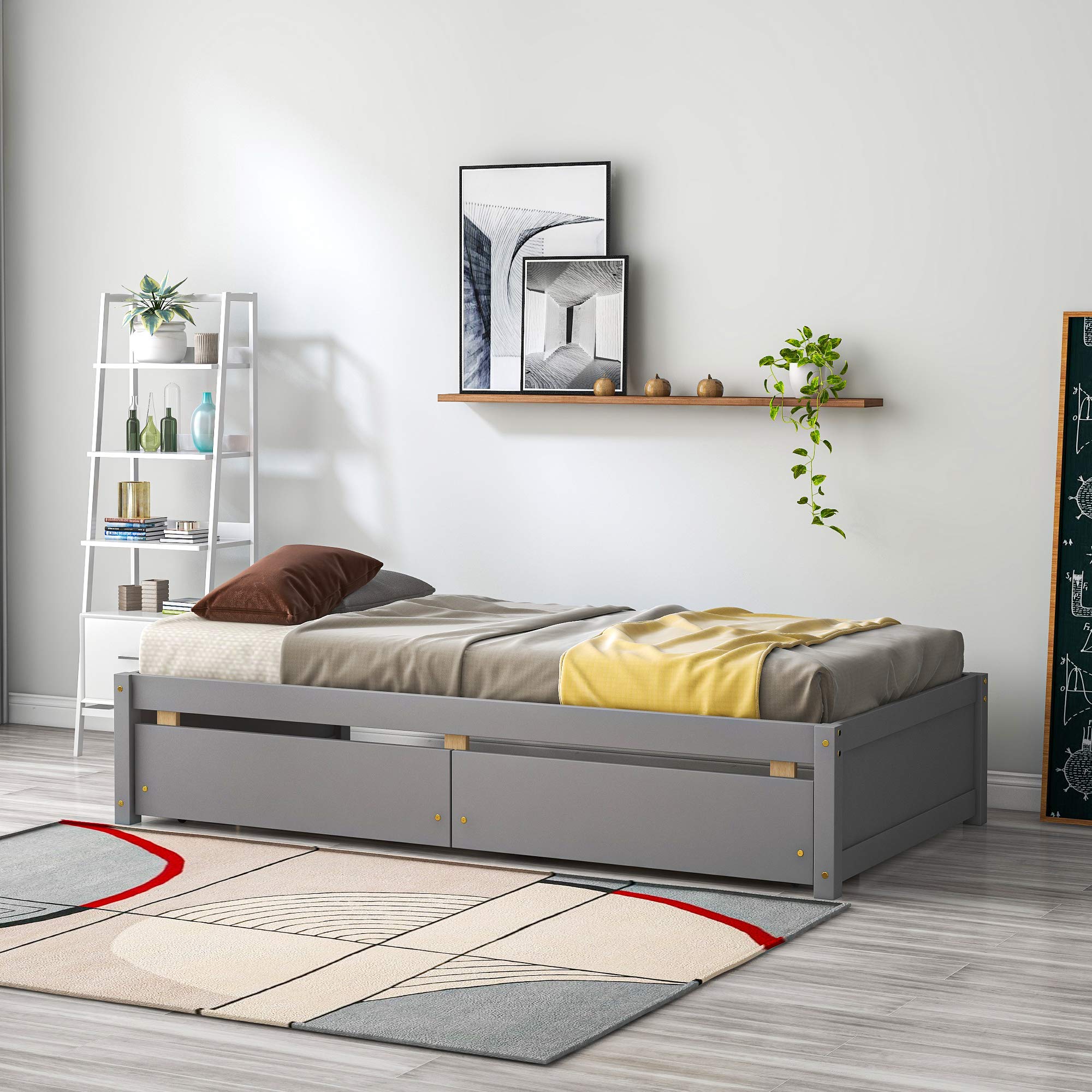 Twin Size Wooden Loft Bed Frame with Storage Drawers & Slats - Platform Captain Bed for Kids, Teens, Boys & Girls - Gray No Headboard - Perfect for Small Bedrooms, Guest Rooms & Dormitories