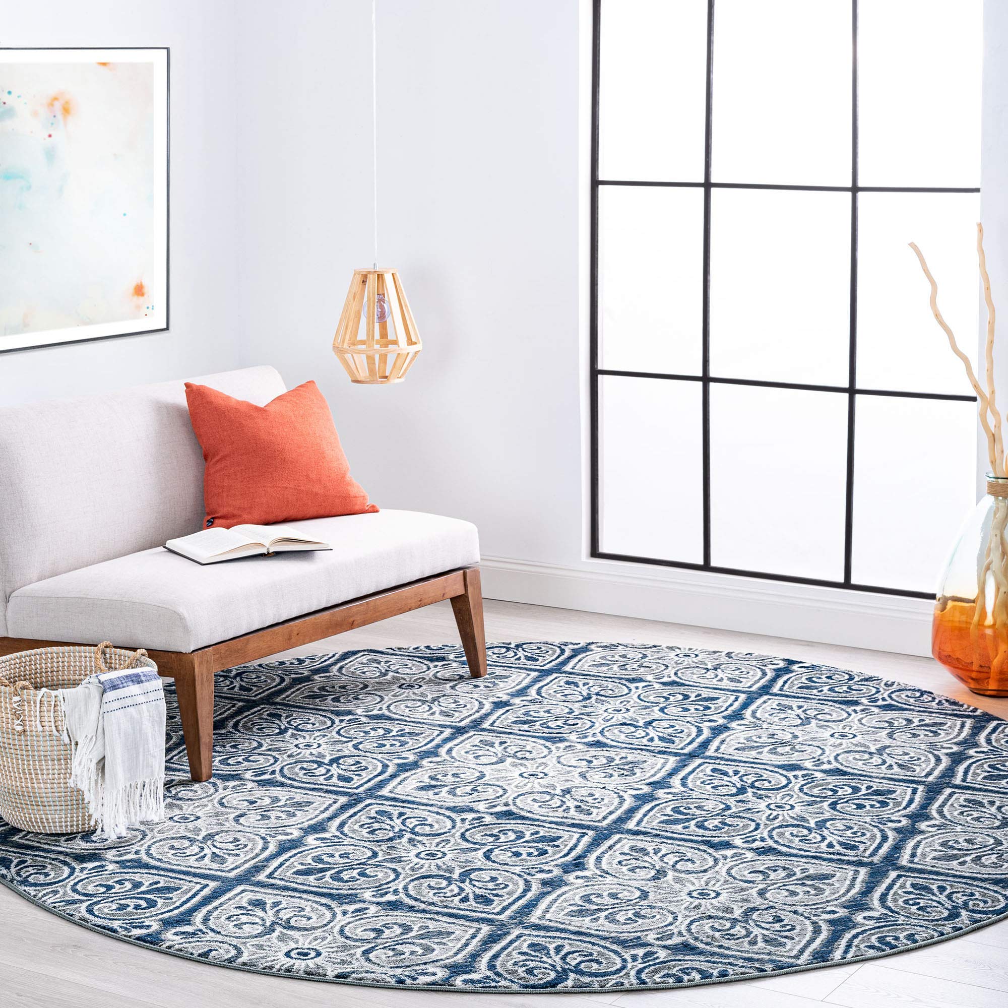 Modern Large 8ft Round Rug - Soft Contemporary Area Rug for Living Room, Bedroom, Dining Room & Entryway - Non-Slip Kitchen Carpet - Perfect for Home Decor, Family Gatherings and Cozy Spaces