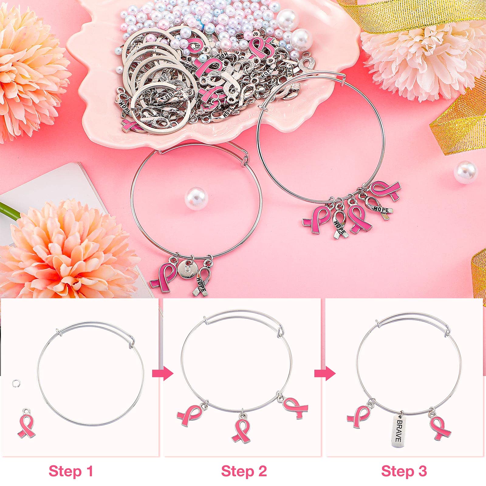Hicarer 318-Piece Breast Cancer Awareness Jewelry Set - Pink & Silver Ribbon Charms, Round Letter Pendants, Expandable Bracelet, Keychains, Open Jump Rings for DIY Jewelry Making - Perfect for Fundraisers, Awareness Events & Gifts