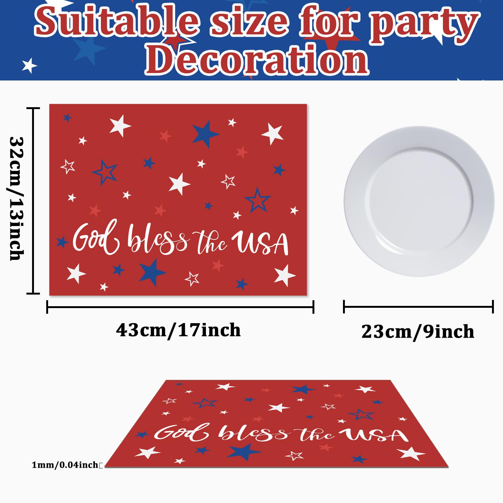 6-Pack Patriotic Placemats Set - American Flag & Stars Design for 4th of July, Memorial Day, Veterans Day - Durable Plastic Table Mats for Indoor/Outdoor Dining, BBQs, Picnics & Holiday Parties