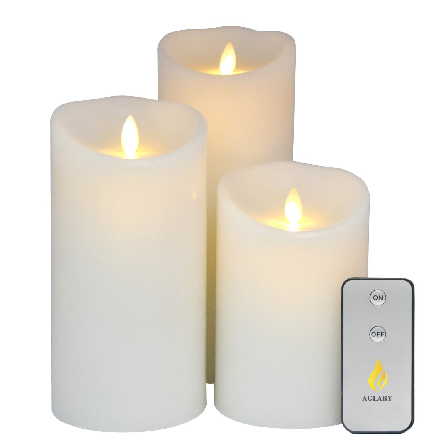 AGLARY White Flicker Pillar Candles Set of 3 - Flameless LED Candles with Realistic Moving Wick, Remote Control & Cycling Timer for Home Decor, Wedding Centerpieces, Romantic Dinner Ambiance