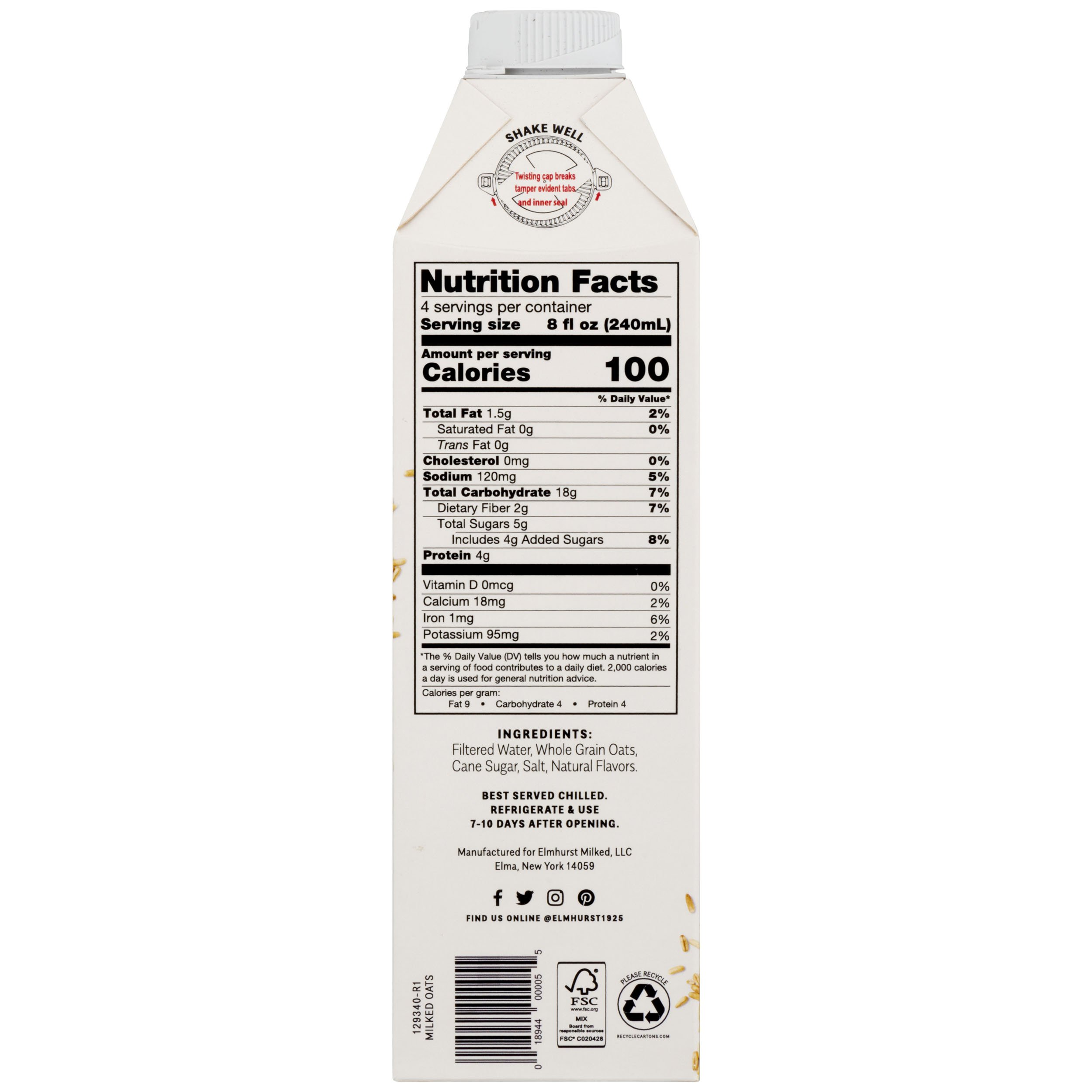 ELMHURST Milked Oats - 32 Fl Oz (Pack of 1) | Dairy-Free Oat Milk for Coffee, Cereal & Smoothies | Vegan, Gluten-Free Plant-Based Milk Alternative