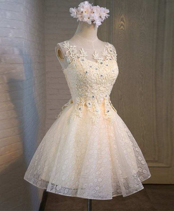 Elegant Champagne Lace Round Neck Short Prom Dress for Bridesmaids - Perfect for Weddings, Parties & Special Occasions