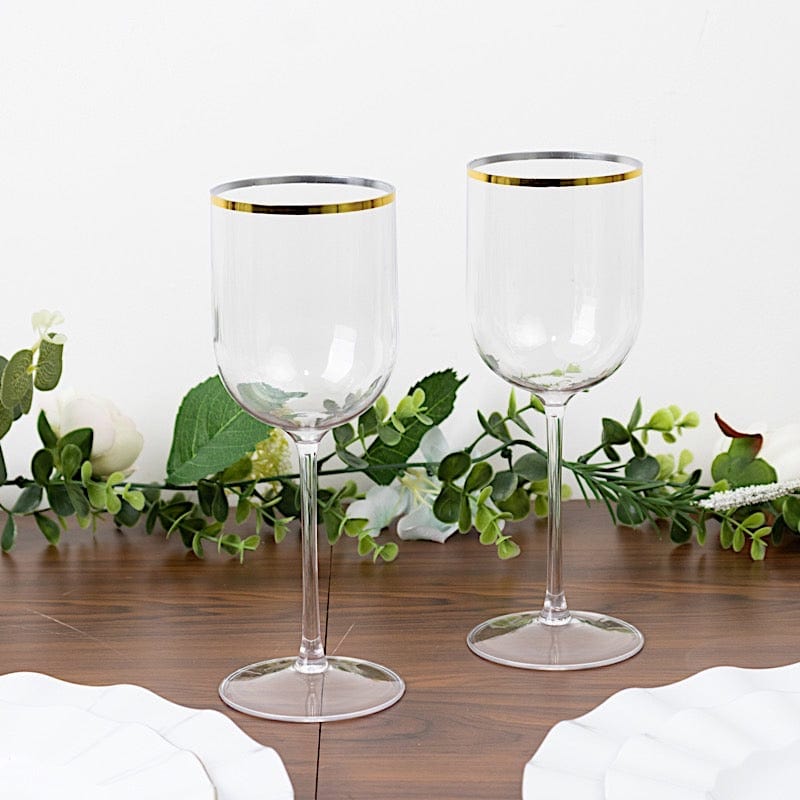 12-Piece Set of 12 oz Clear Plastic Wine Glasses with Elegant Gold Rim - Perfect for Outdoor Parties, Weddings, and Picnics