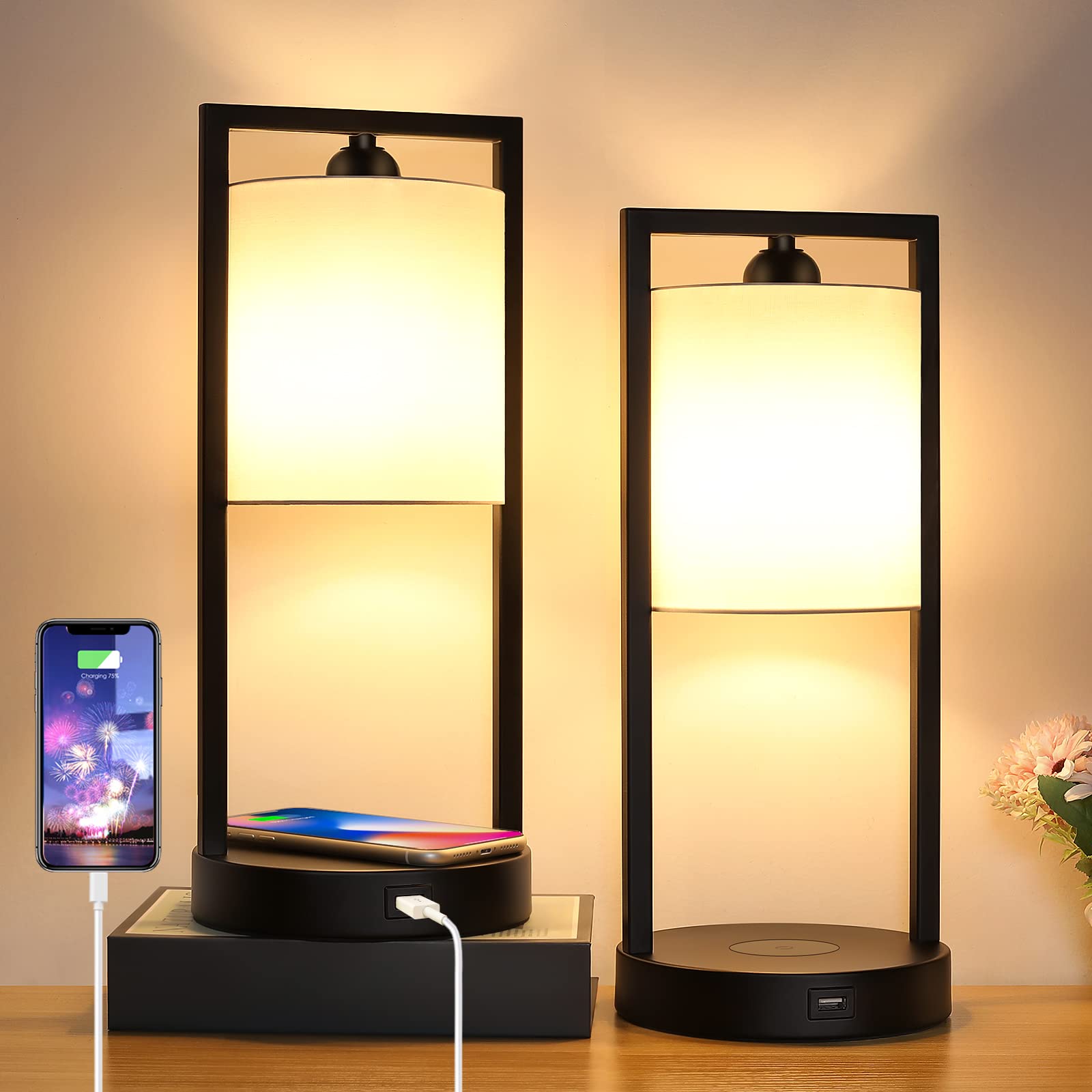 TOBUSA Wireless Charging Touch Control Table Lamps - Set of 2, Modern Dimmable Bedside Nightstand Lamps with White Fabric Shade, E26 Bulbs Included - Perfect for Bedroom, Living Room & Office (Warm White Lighting, Convenient Phone Charging)