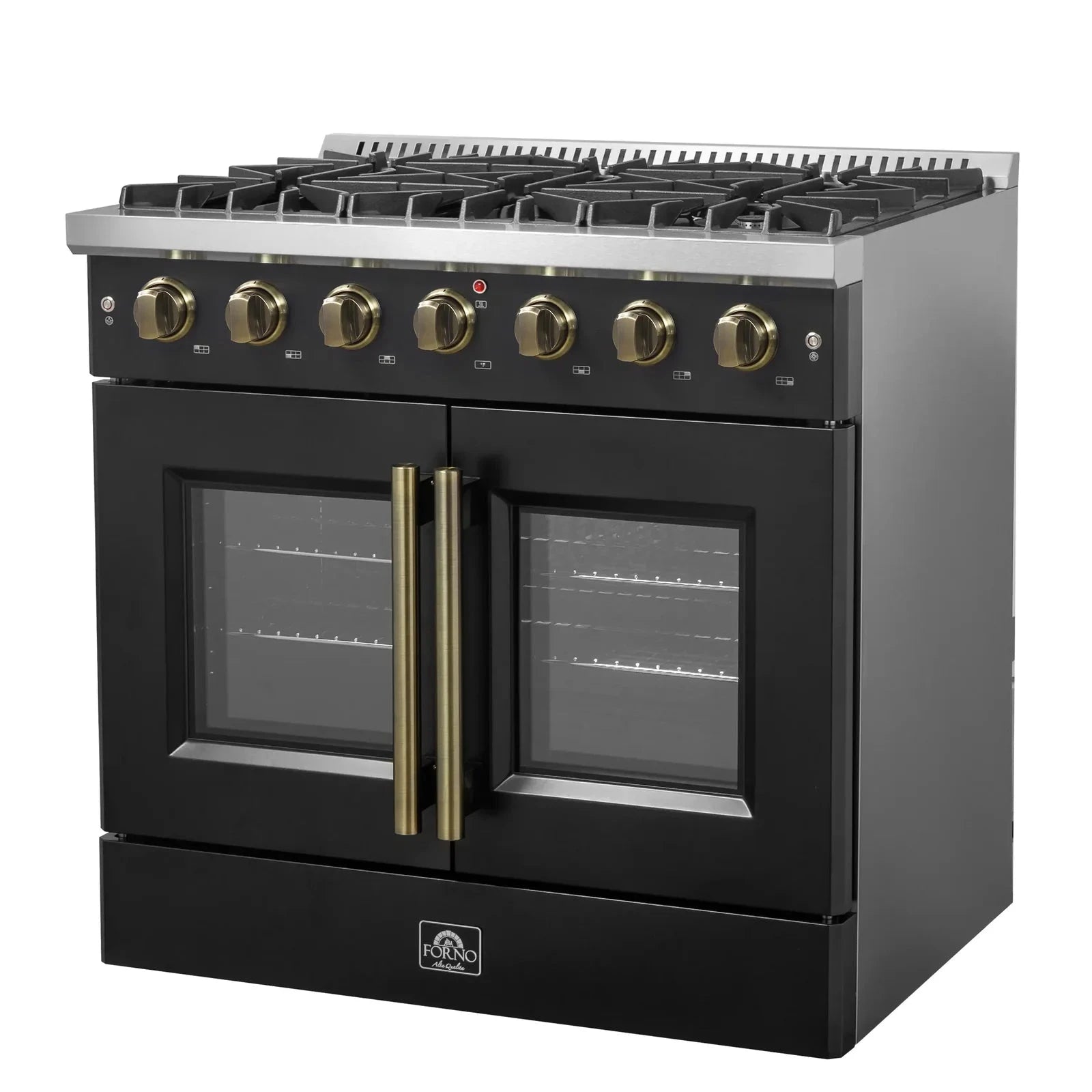 Forno Galiano 36 Inch French Door All Gas Range - Black with Antique Brass Trim - Model FFSGS6444 36BLK - Perfect for Modern Kitchens & Professional Chefs