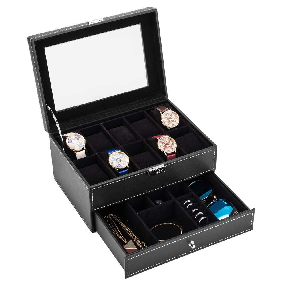 Premium PU Leather Watch Box with Valet Drawer & Glass Top - Large Black Watch Display Case Organizer for Men's Luxury Watches, Jewelry Storage - Perfect for Home, Office & Travel Accessory Organization