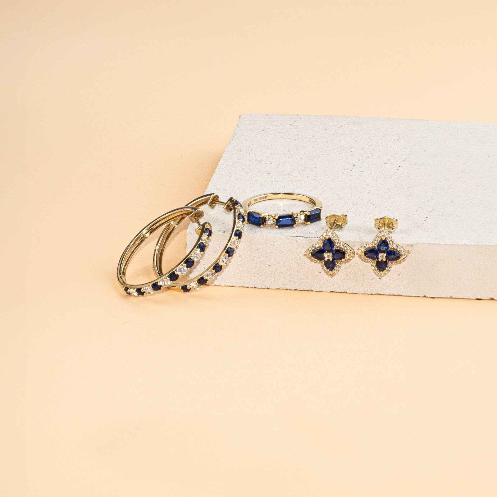 10K Yellow Gold Blue and White Sapphire Hoop Earrings for Women - Elegant Dangle Earrings for Wedding, Party & Everyday Wear