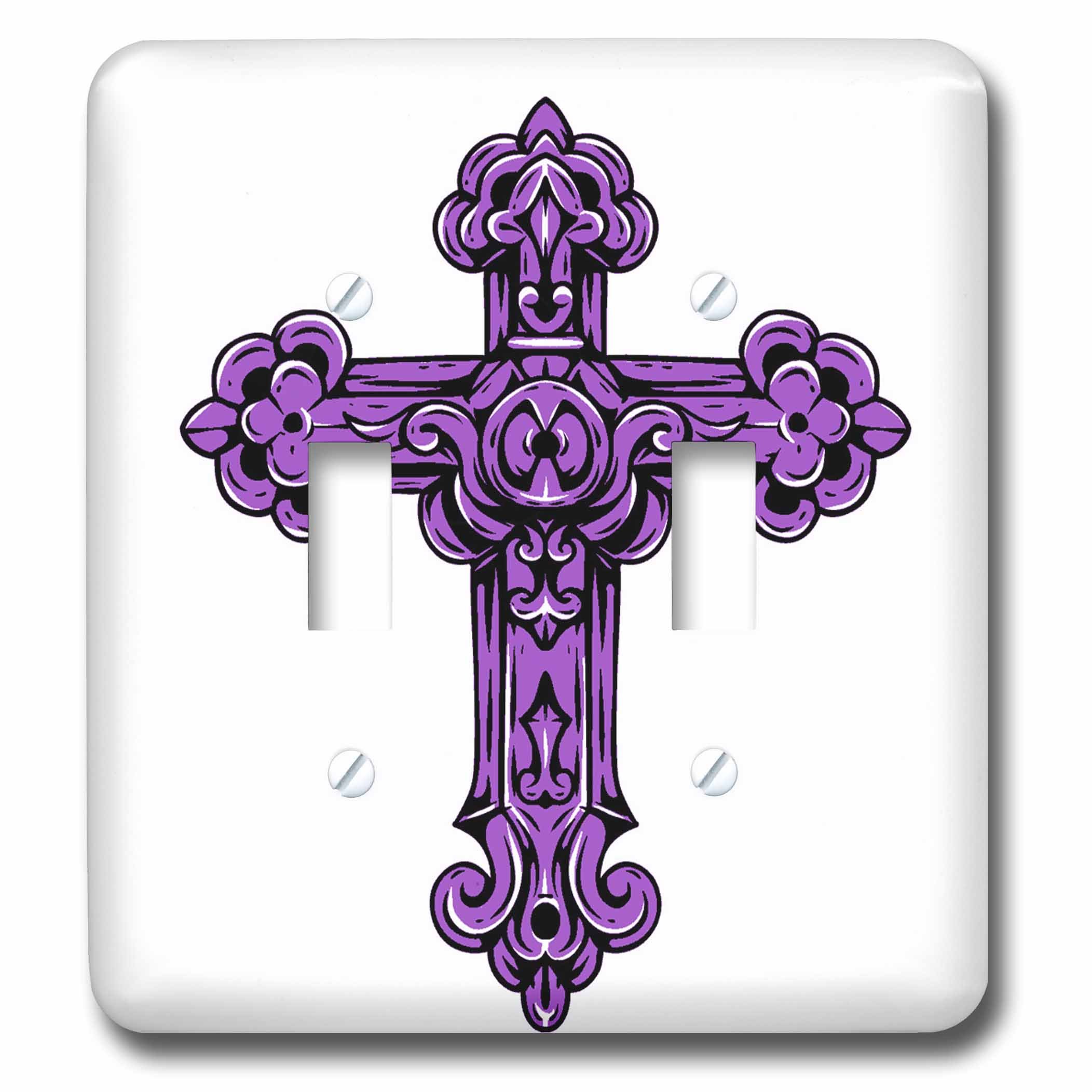3D Rose Purple Religious Cross Double Toggle Switch - Decorative Wall Plate Cover for Home, Church & Office Decor