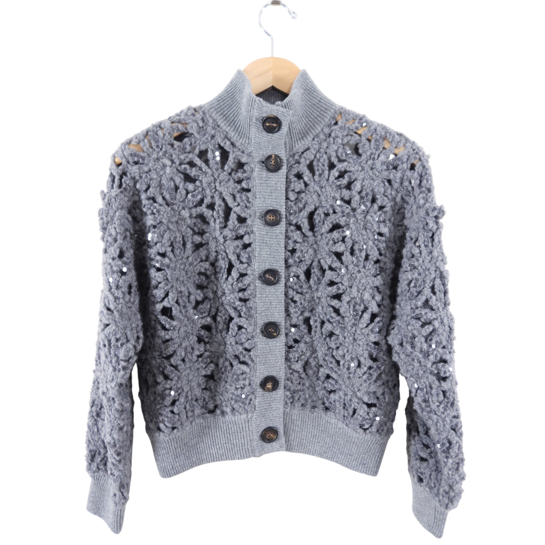 Brunello Cucinelli Grey Open Knit Sequin Short Cardigan Sweater for Women Size S (4/6) - Perfect for Casual Outings, Date Nights & Special Occasions