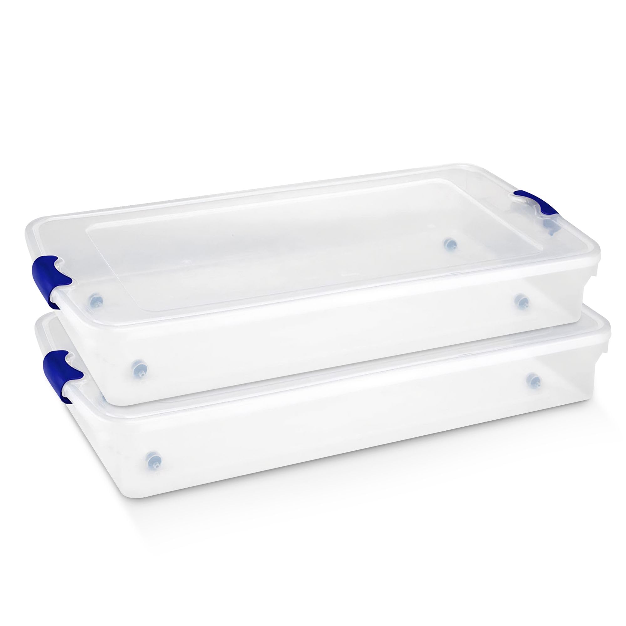 HOMZ 2-Pack Under Bed Storage Bins with Lids - 60 Quart Clear Plastic Organizer Boxes with Secure Blue Latches - Perfect for Clothes, Shoes, Blankets & Seasonal Items Storage